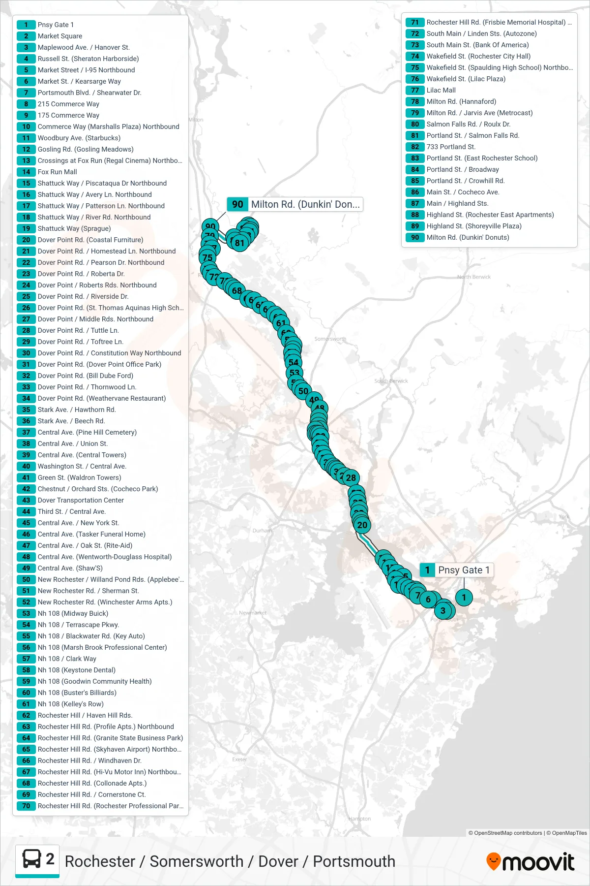 2 bus Line (Northbound) route and stops on a map