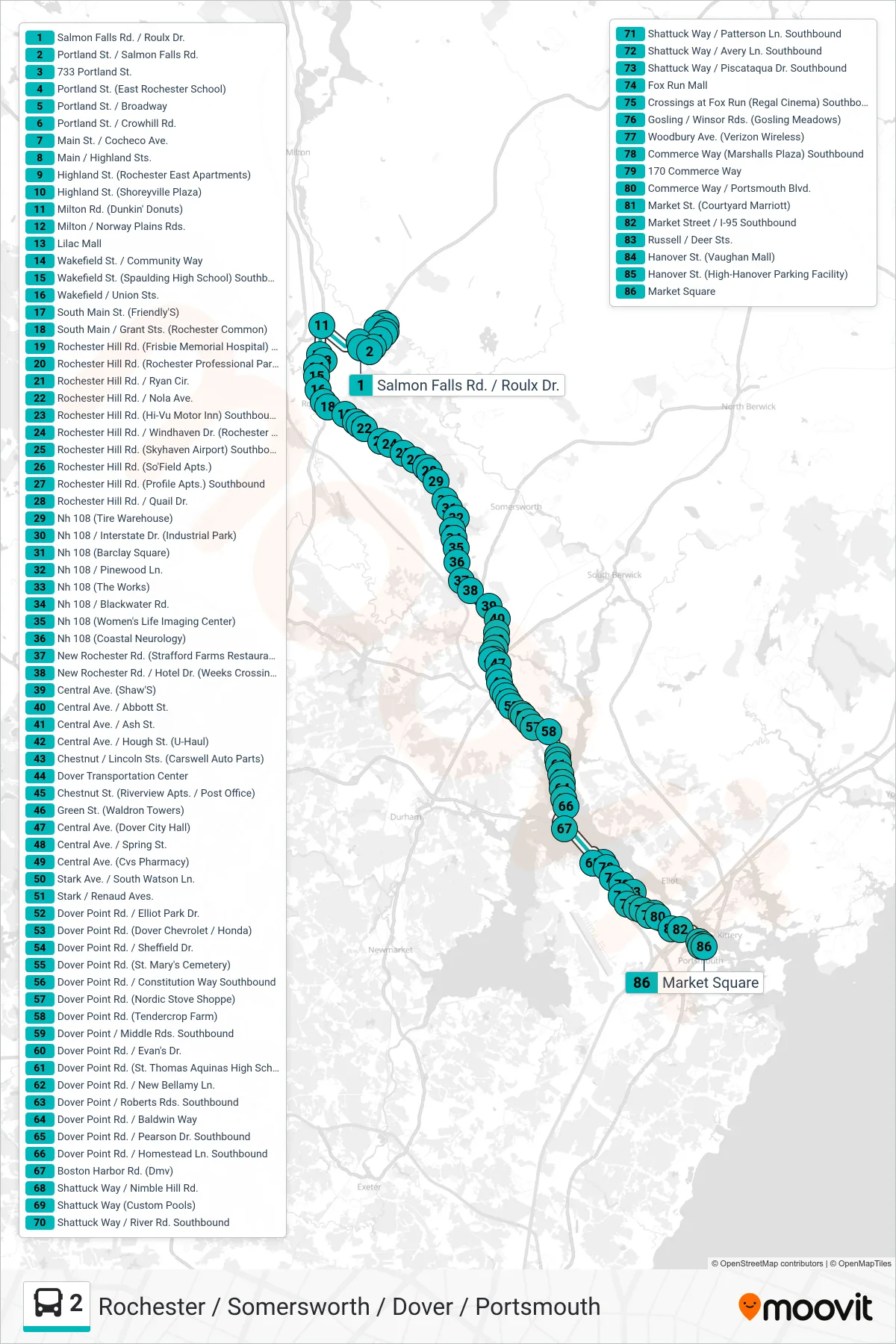 2 bus Line (Southbound) route and stops on a map
