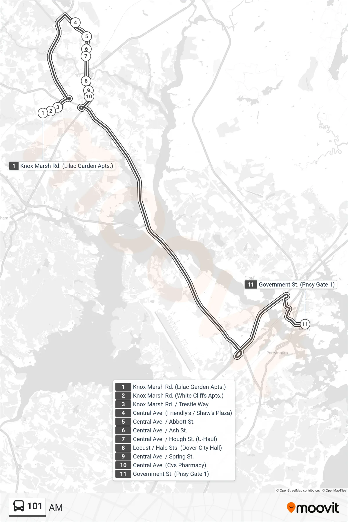 101 bus Line (AM) route and stops on a map