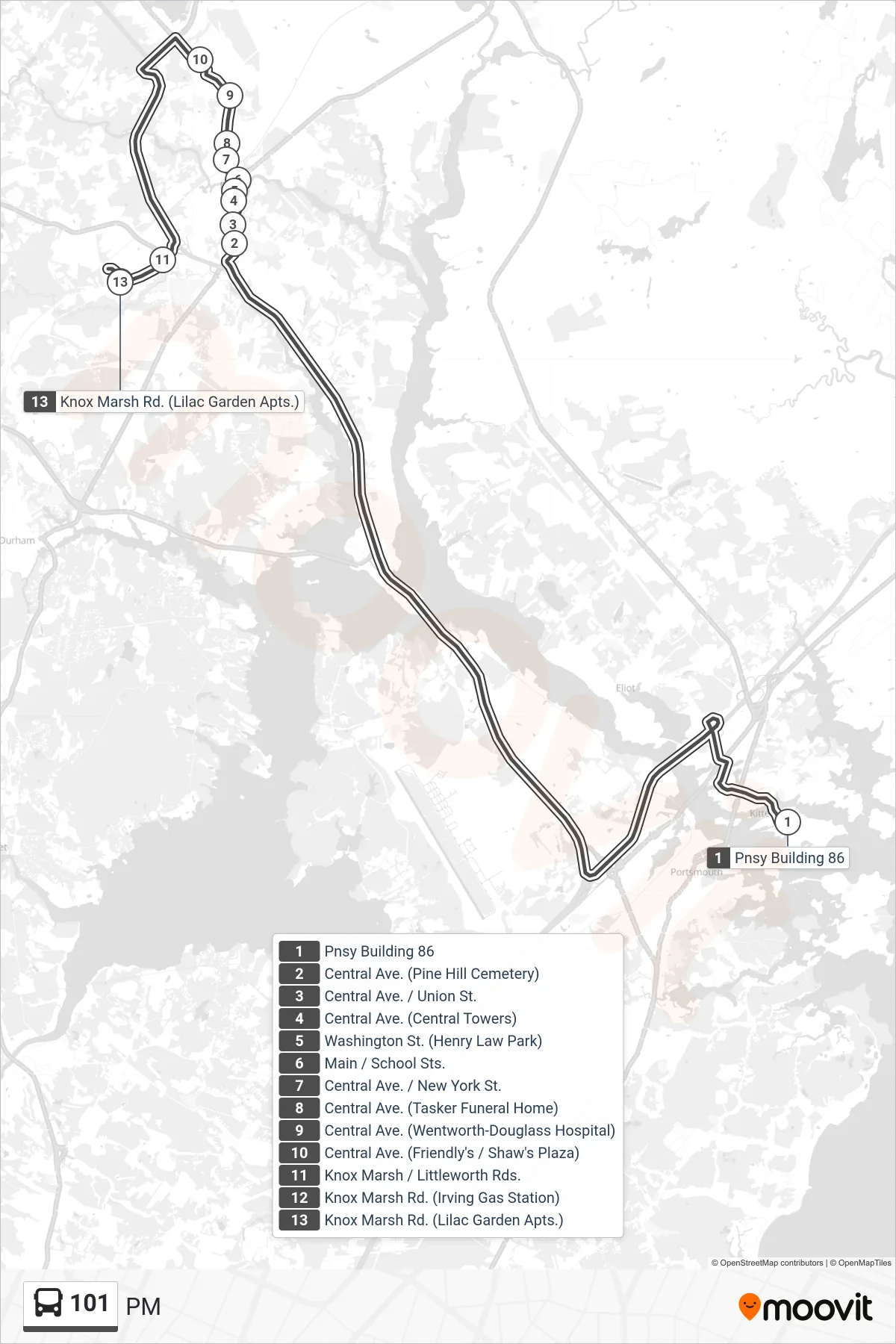 101 bus Line (PM) route and stops on a map