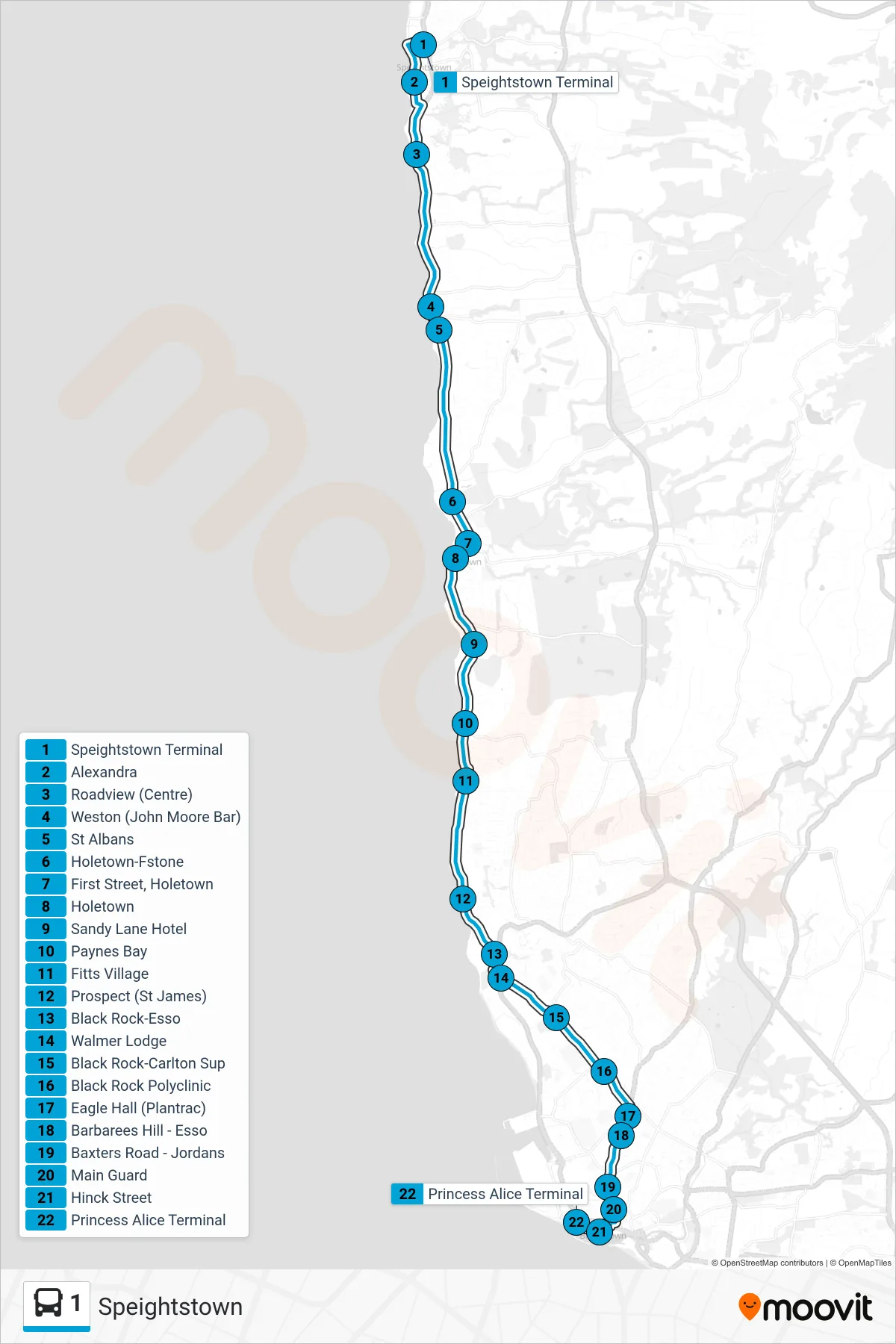 1 bus Line (Speightstown Terminal To Princess Alice Terminal) route and stops on a map