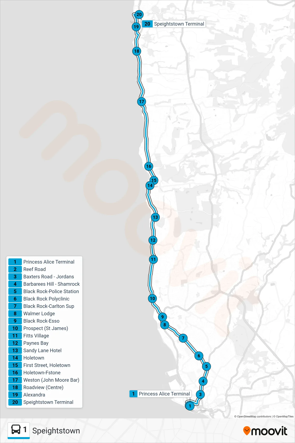 1 bus Line (Princess Alice Terminal To Speightstown Terminal) route and stops on a map