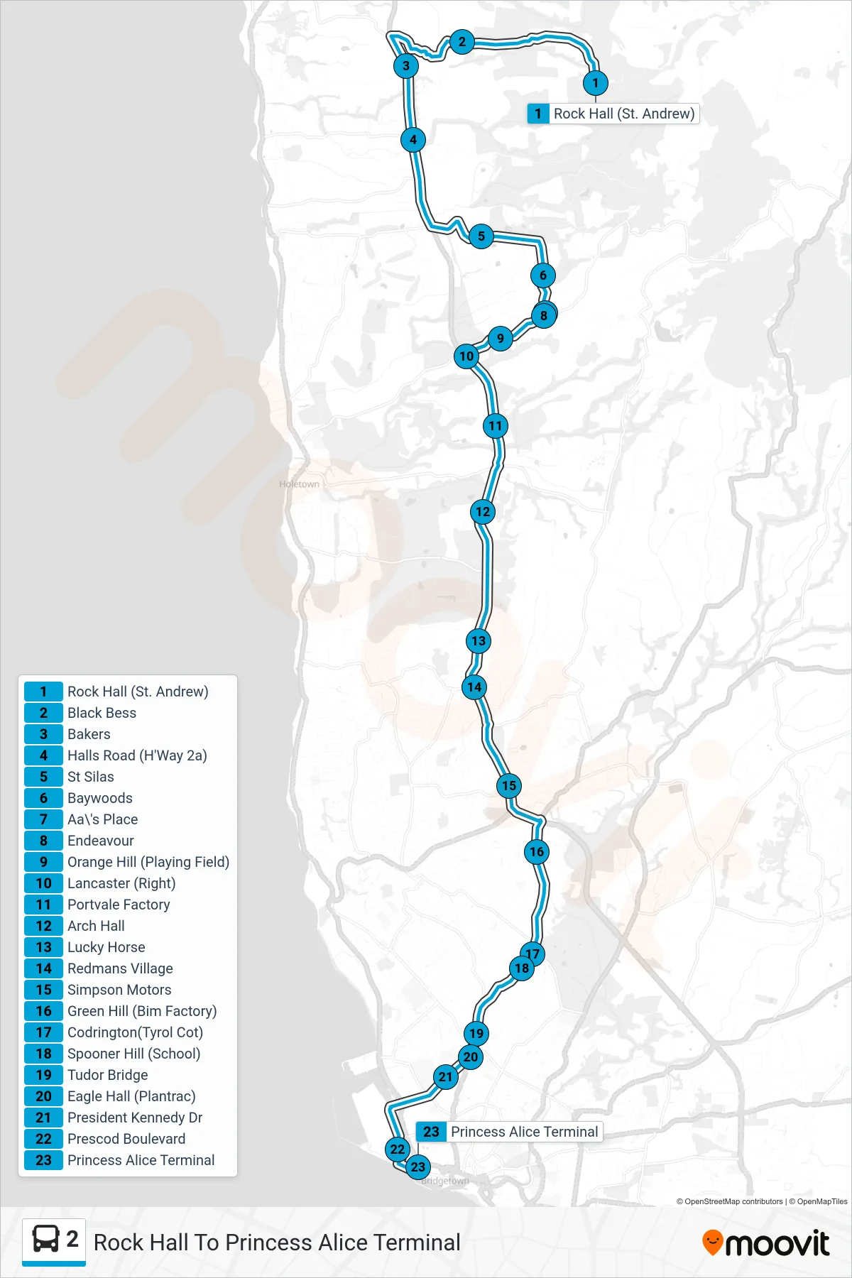 2 bus Line (Rock Hall To Princess Alice Terminal) route and stops on a map
