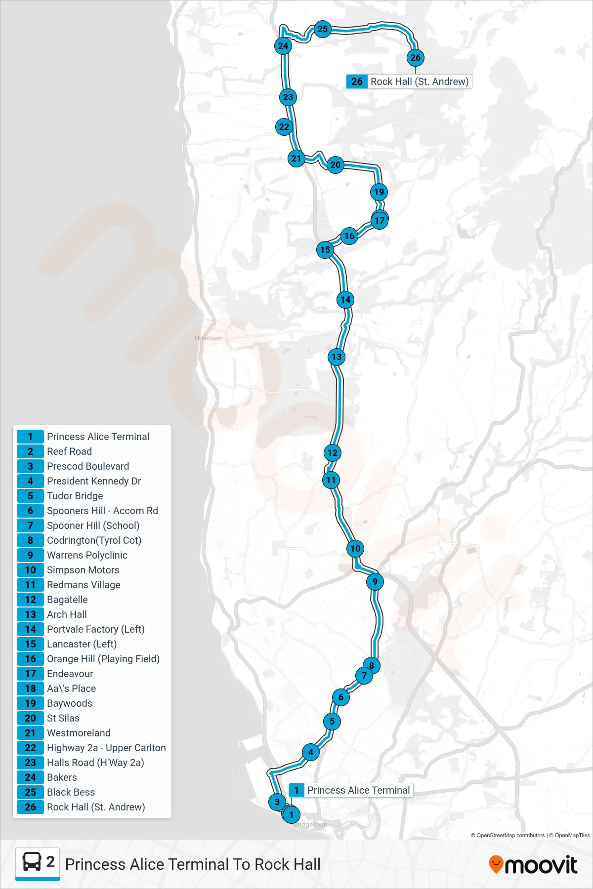 2 bus Line (Princess Alice Terminal To Rock Hall) route and stops on a map