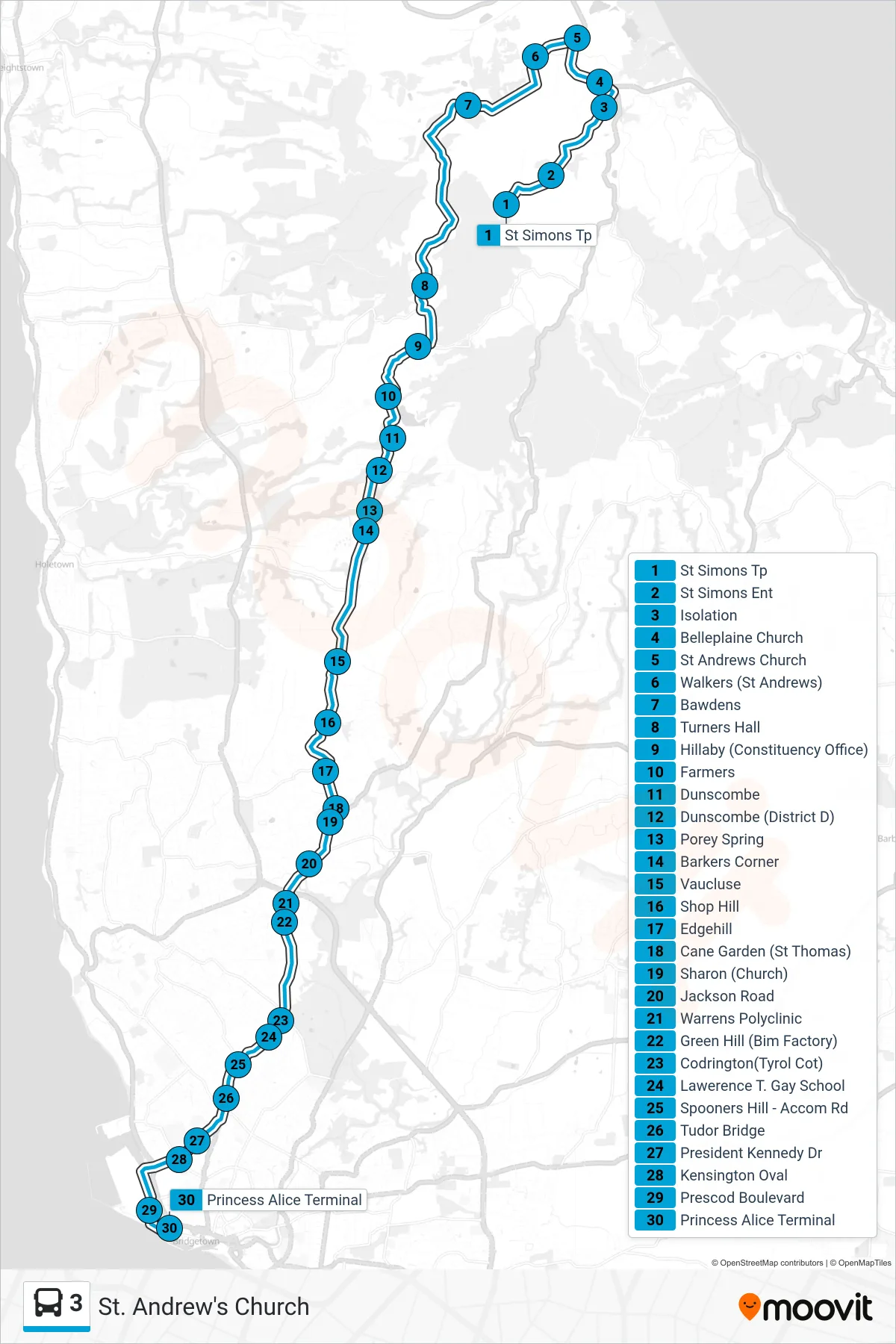 3 bus Line (St. Andrew's Church To Princess Alice Terminal) route and stops on a map