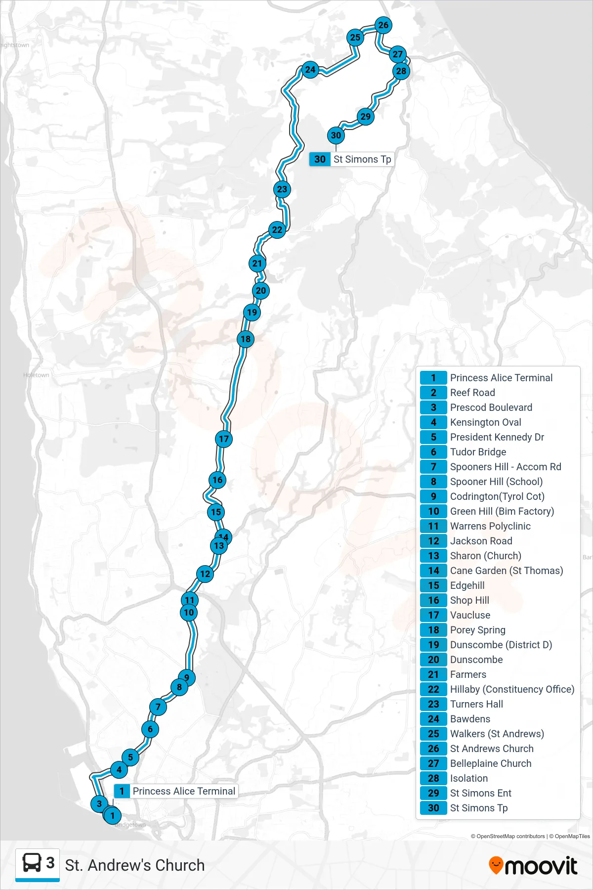 3 bus Line (Princess Alice Terminal To St. Andrew's Church) route and stops on a map