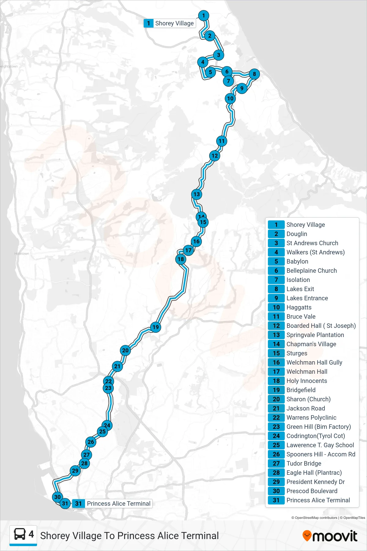 4 bus Line (Shorey Village To Princess Alice Terminal) route and stops on a map