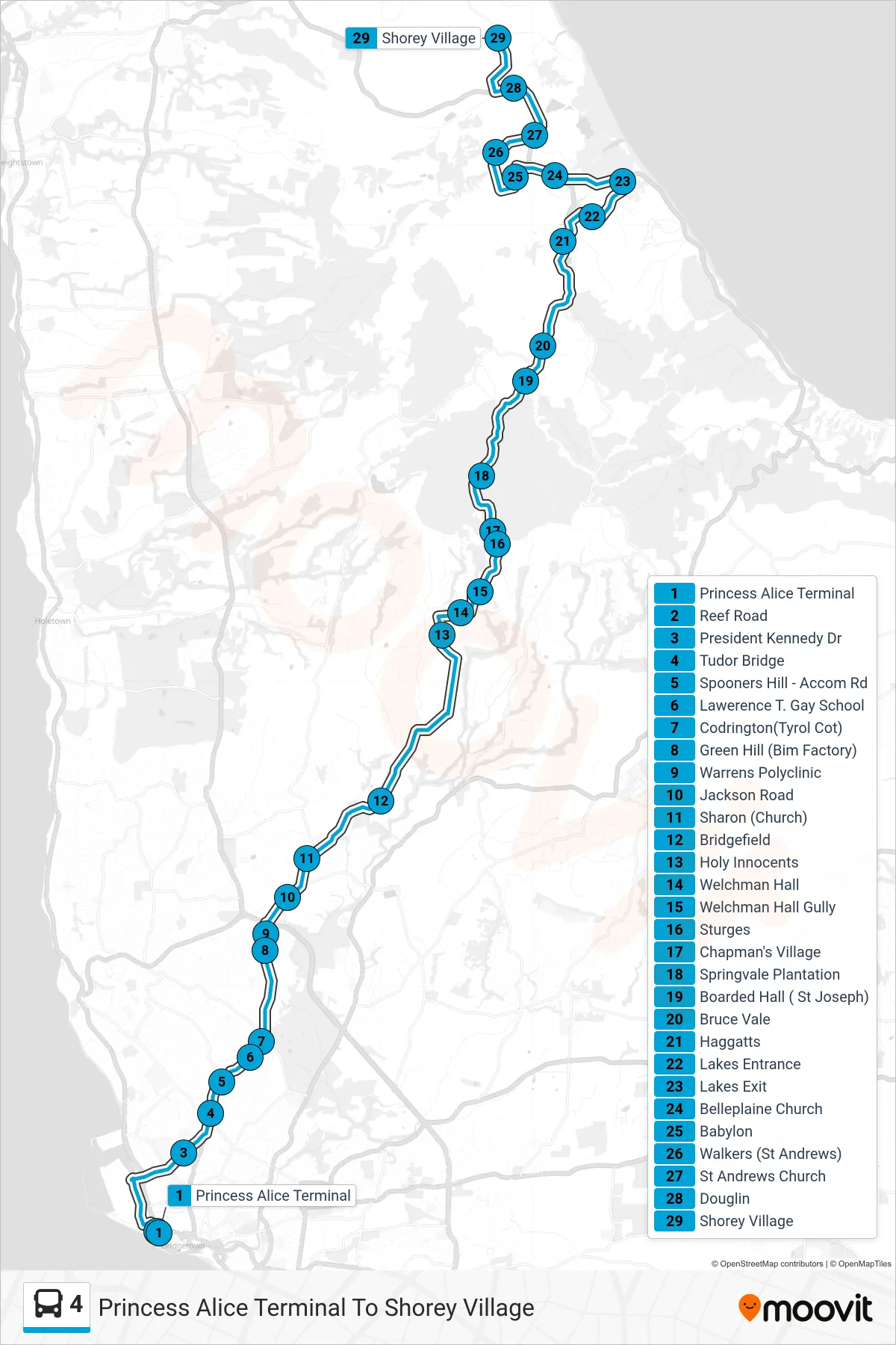 4 bus Line (Princess Alice Terminal To Shorey Village) route and stops on a map