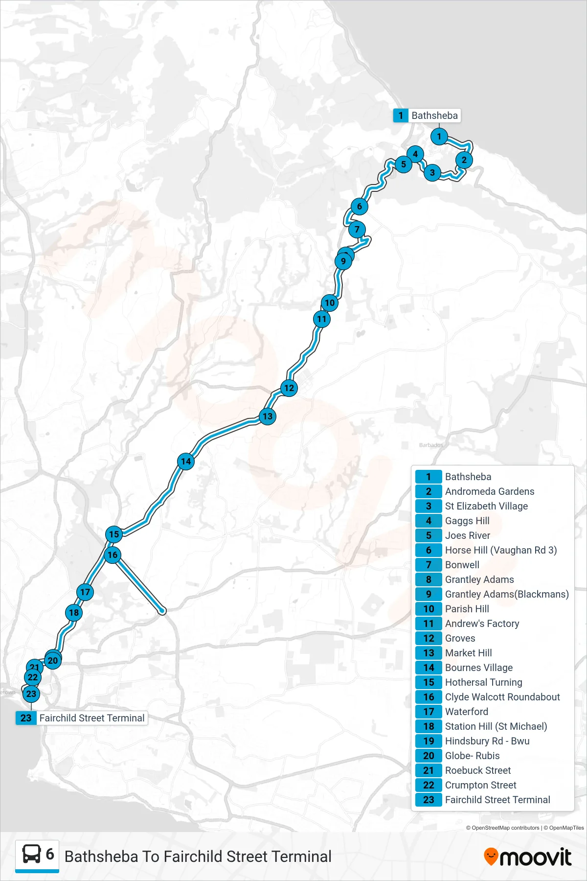 6 bus Line (Bathsheba To Fairchild Street Terminal) route and stops on a map