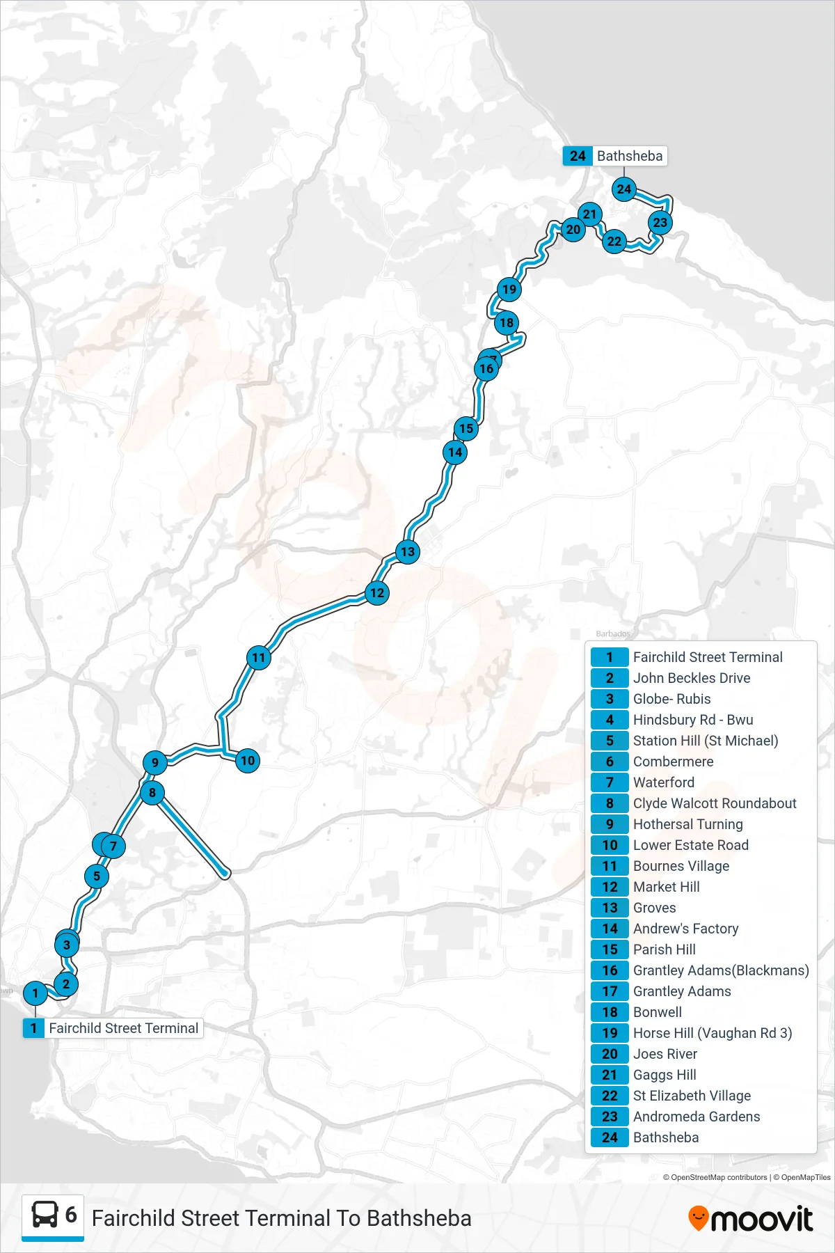 6 bus Line (Fairchild Street Terminal To Bathsheba) route and stops on a map