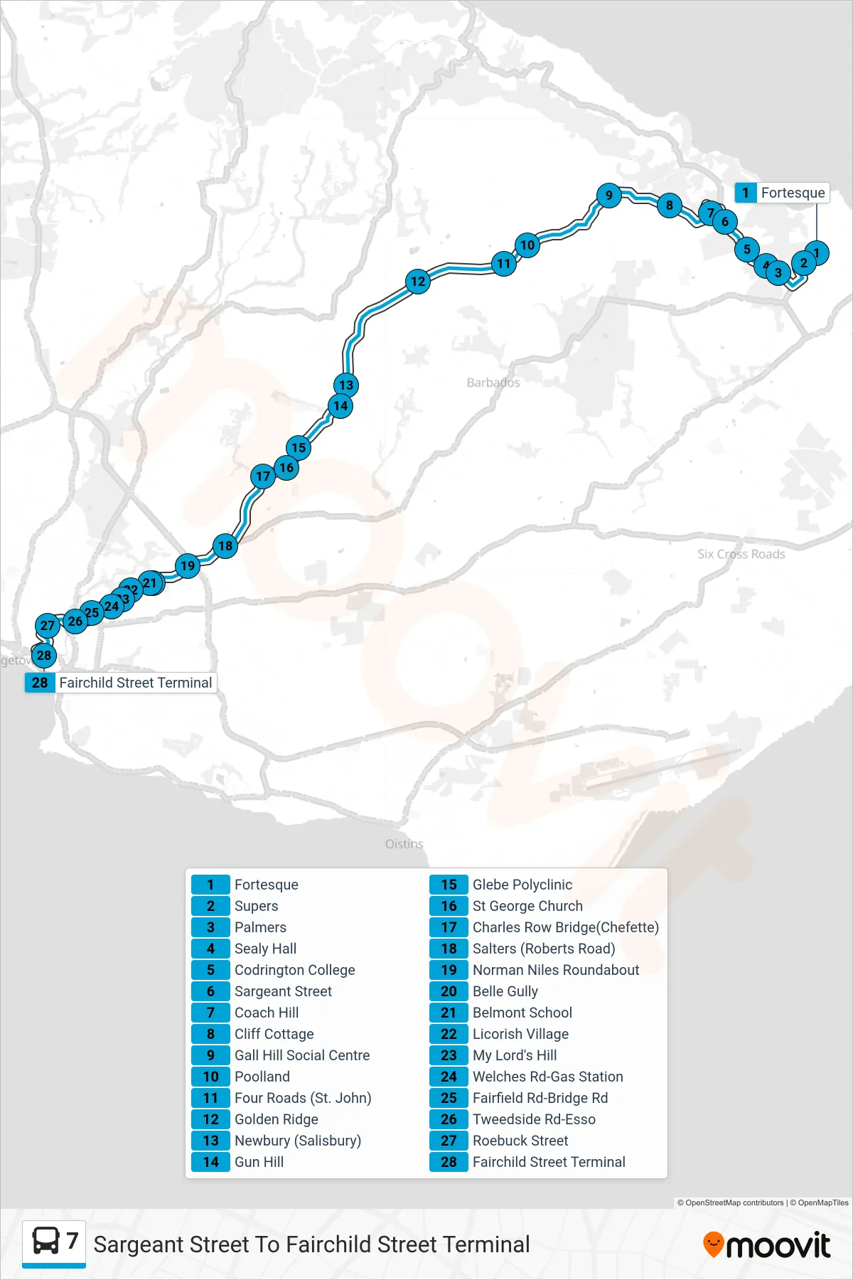 7 bus Line (Sargeant Street To Fairchild Street Terminal) route and stops on a map