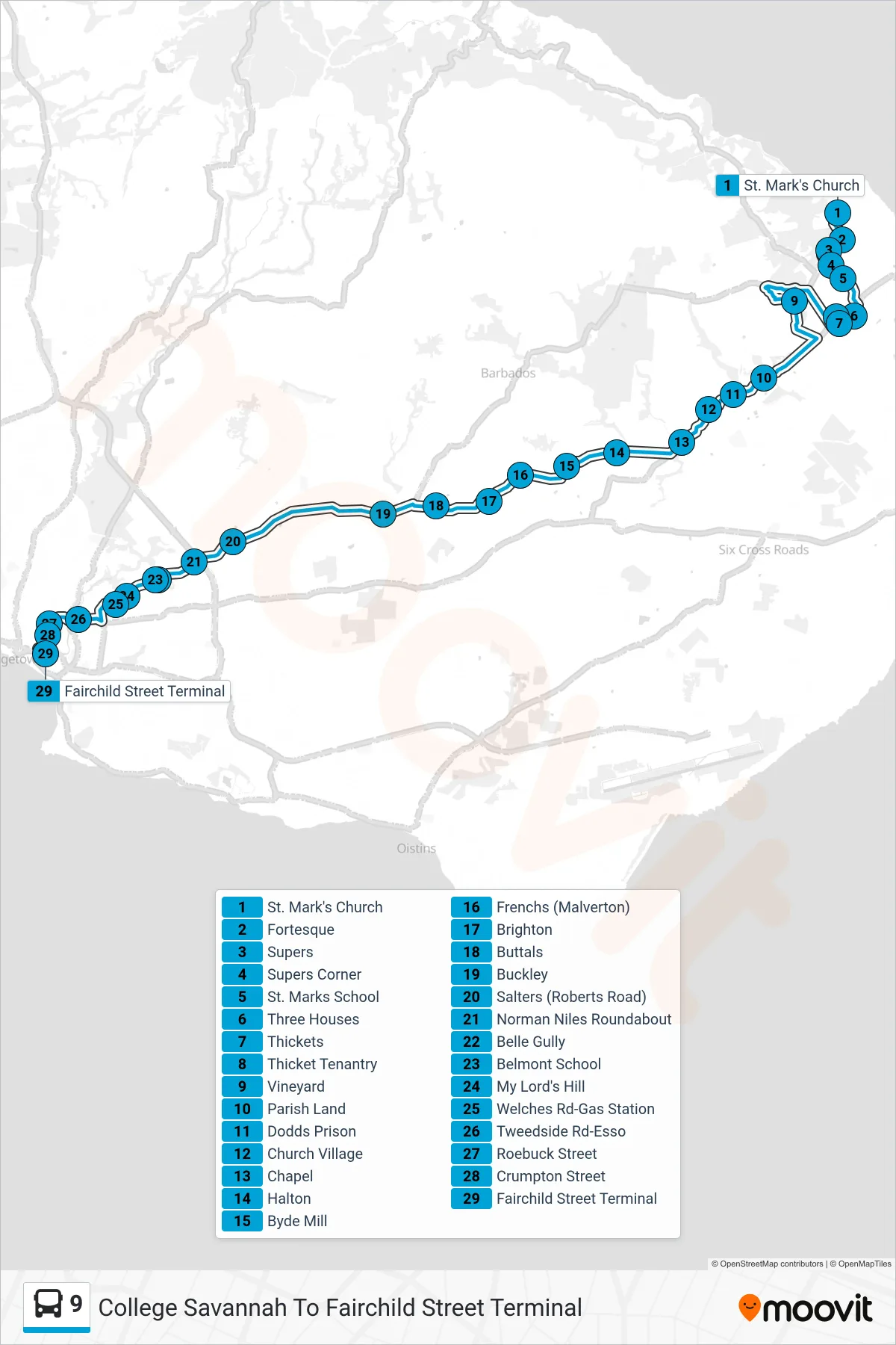 9 bus Line (College Savannah To Fairchild Street Terminal) route and stops on a map