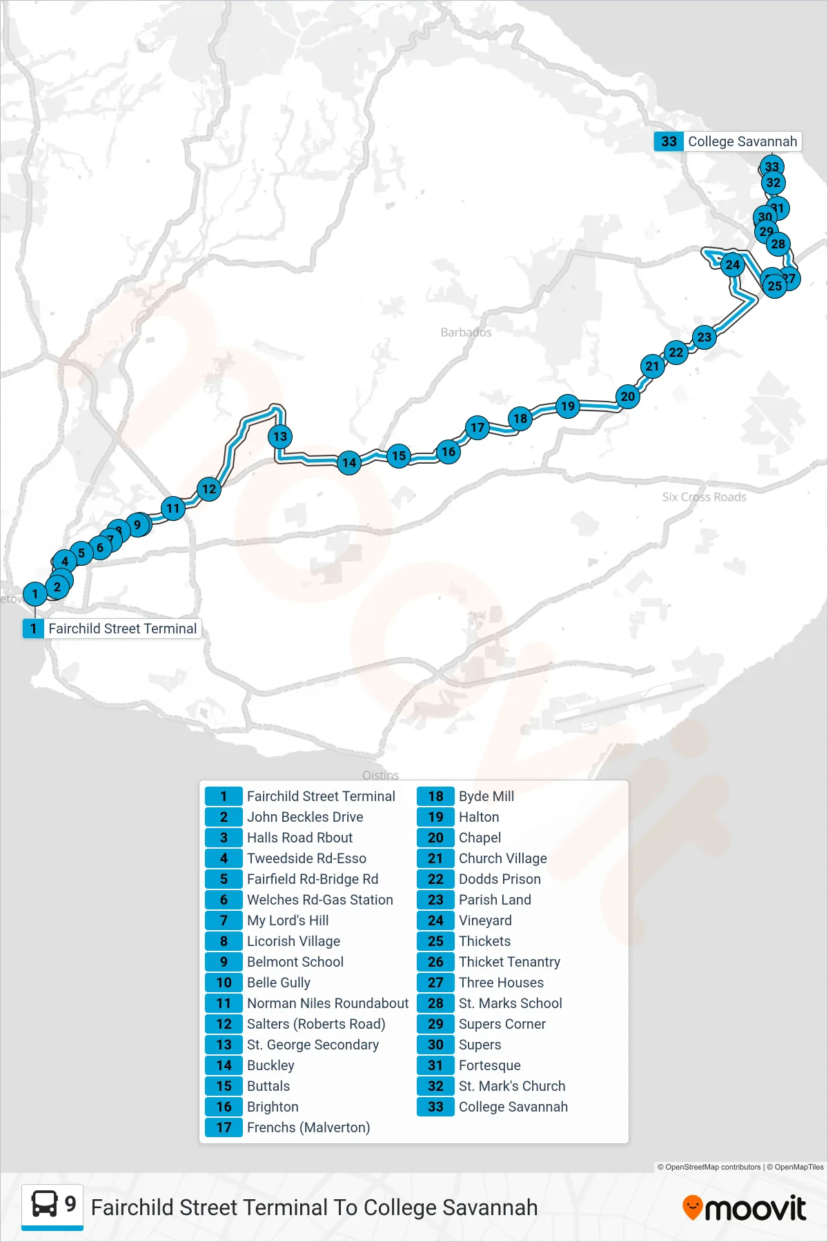 9 bus Line (Fairchild Street Terminal To College Savannah) route and stops on a map