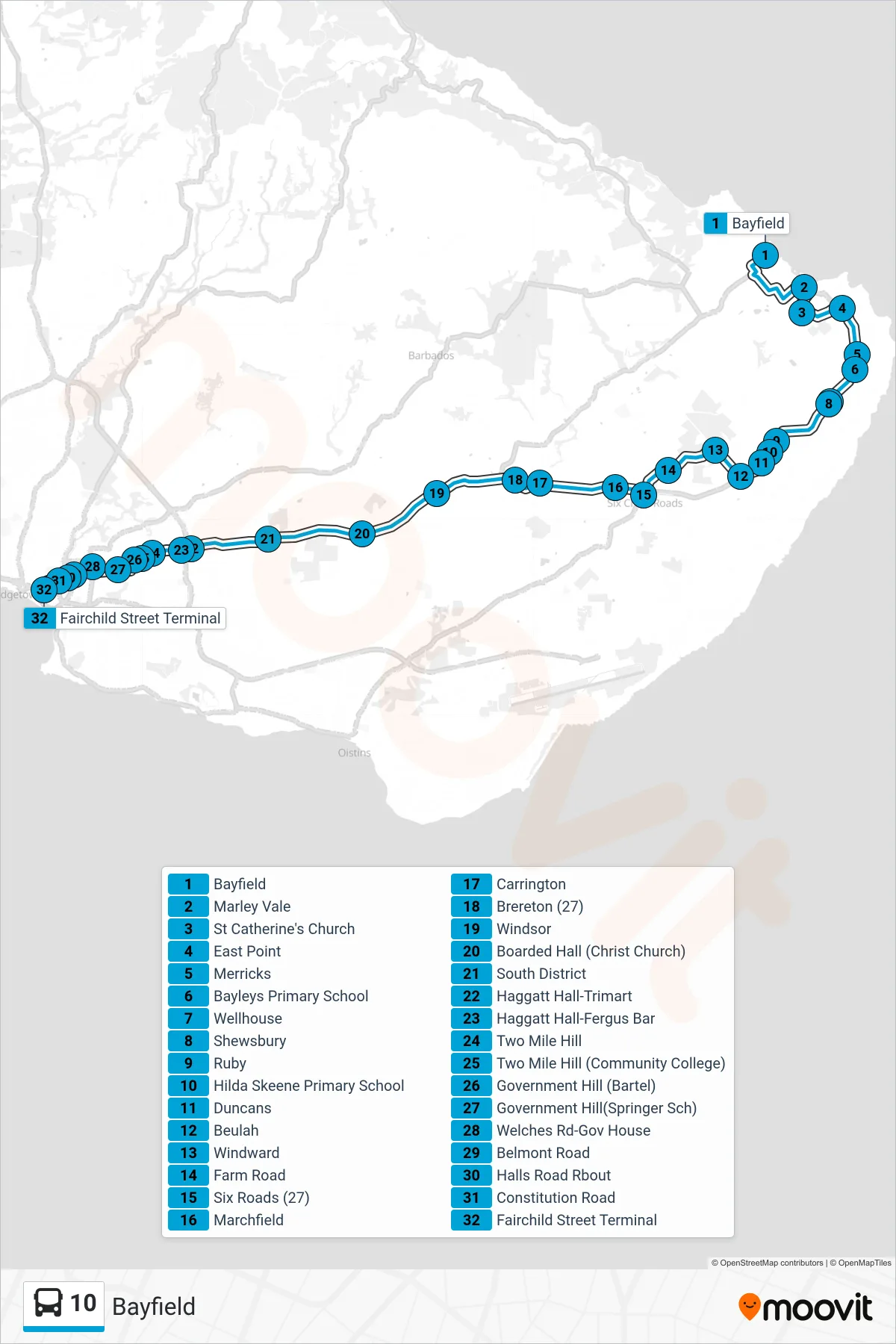 10 bus Line (Bayfield To Fairchild Street Terminal) route and stops on a map