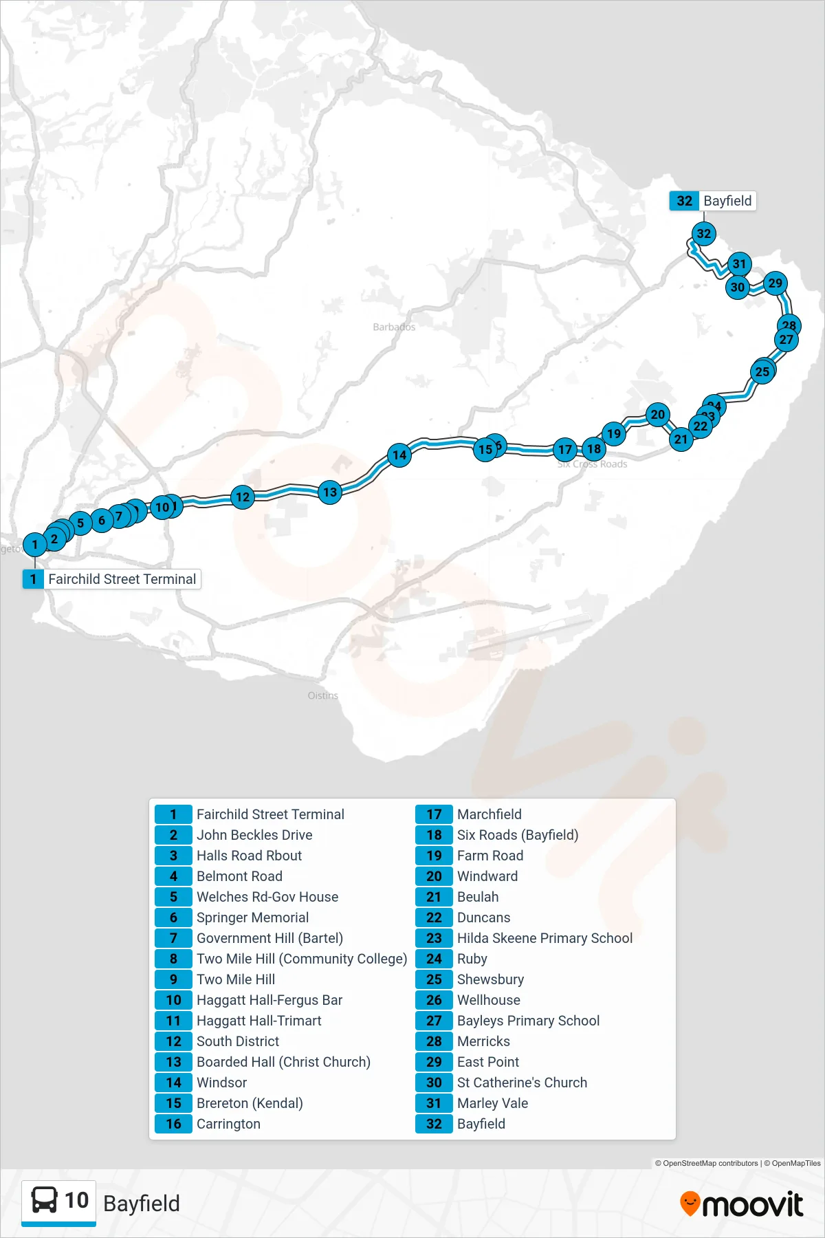 10 bus Line (Fairchild Street Terminal Towards Bayfield) route and stops on a map