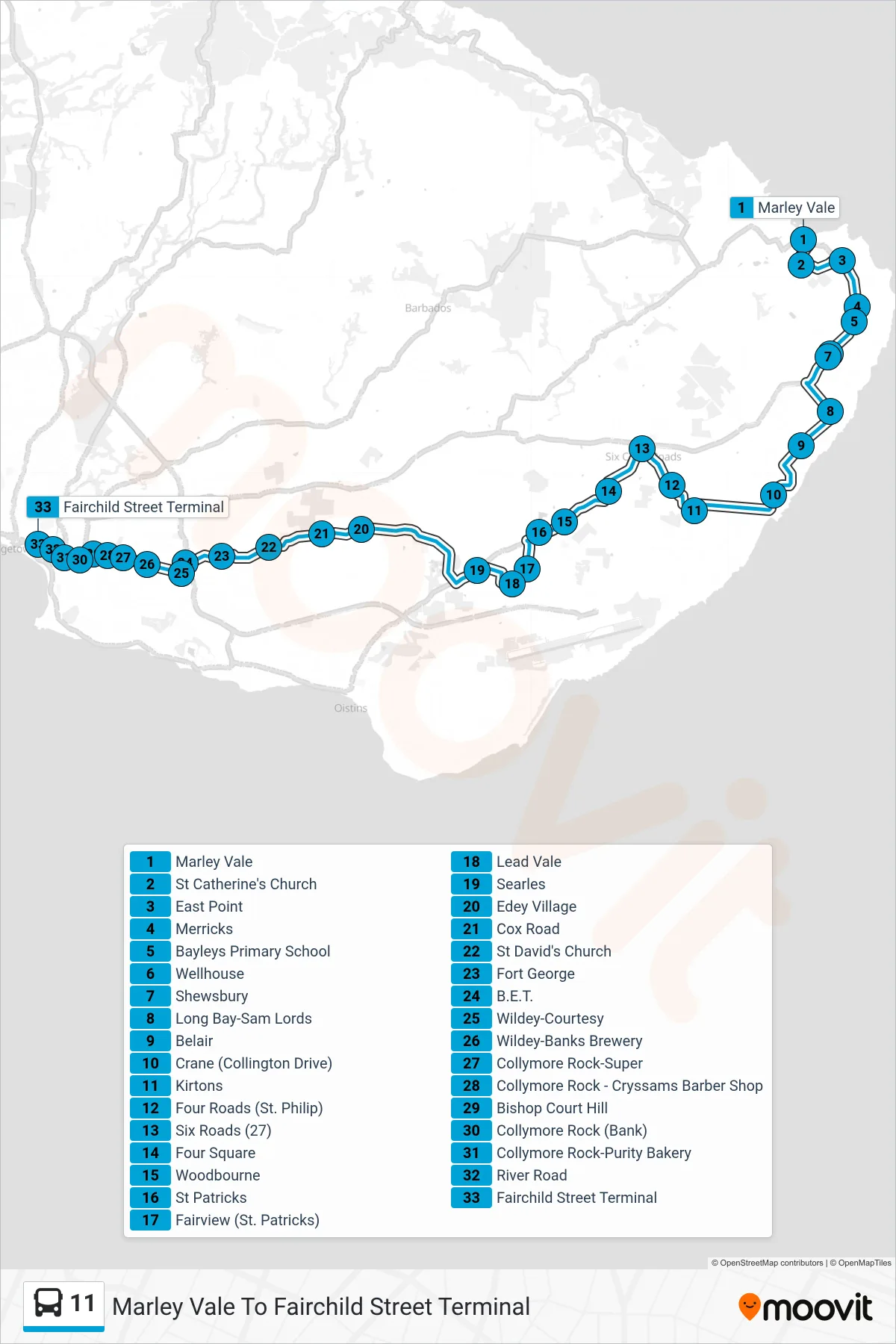 11 bus Line (Marley Vale To Fairchild Street Terminal) route and stops on a map