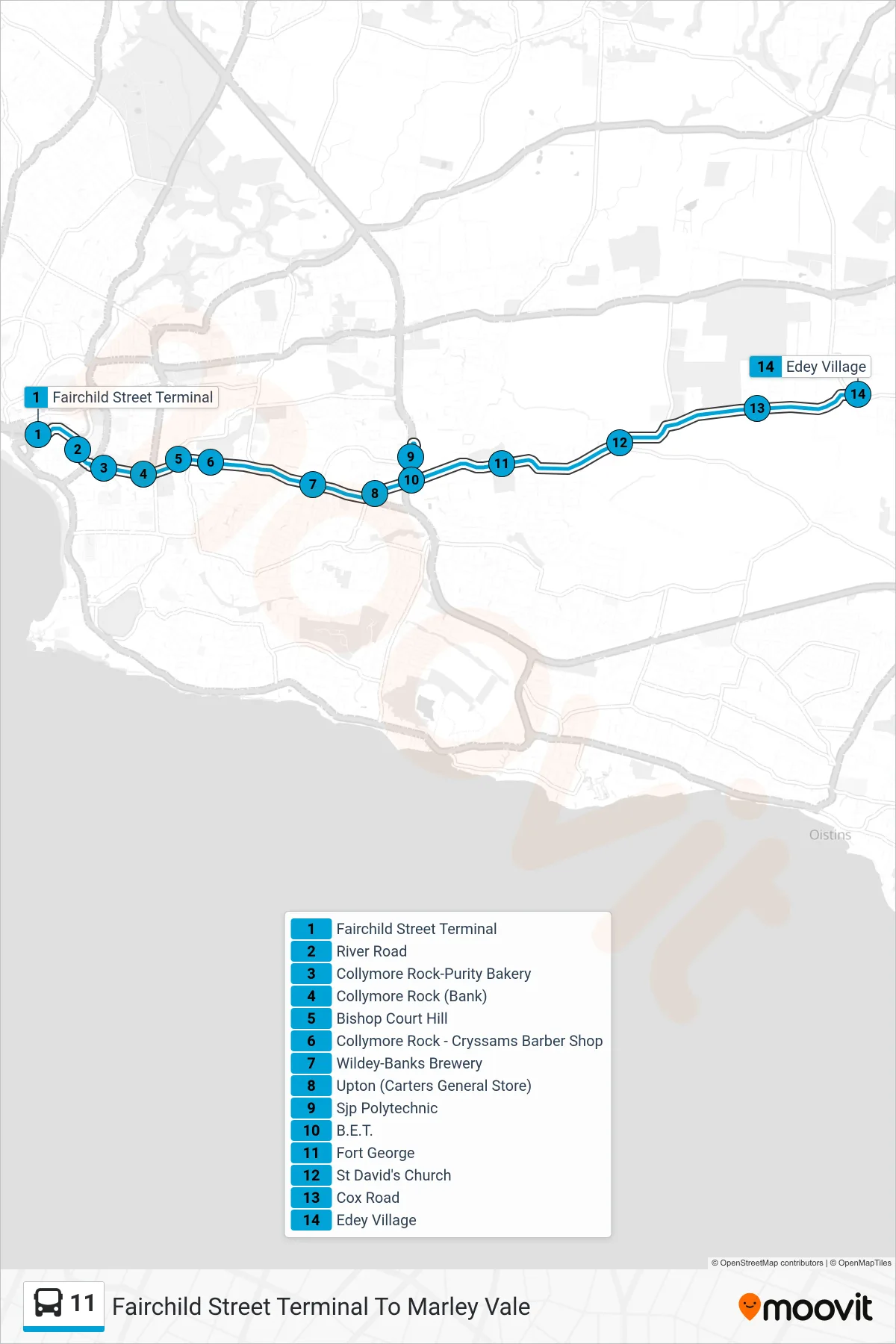 11 bus Line (Fairchild Street Terminal To Marley Vale) route and stops on a map