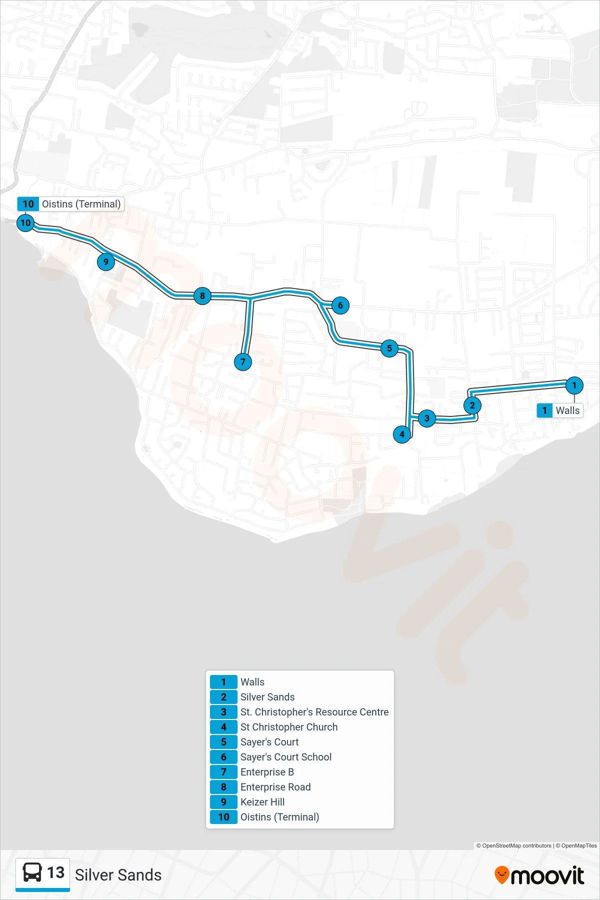 13 bus Line (Silver Sands To Oistins) route and stops on a map