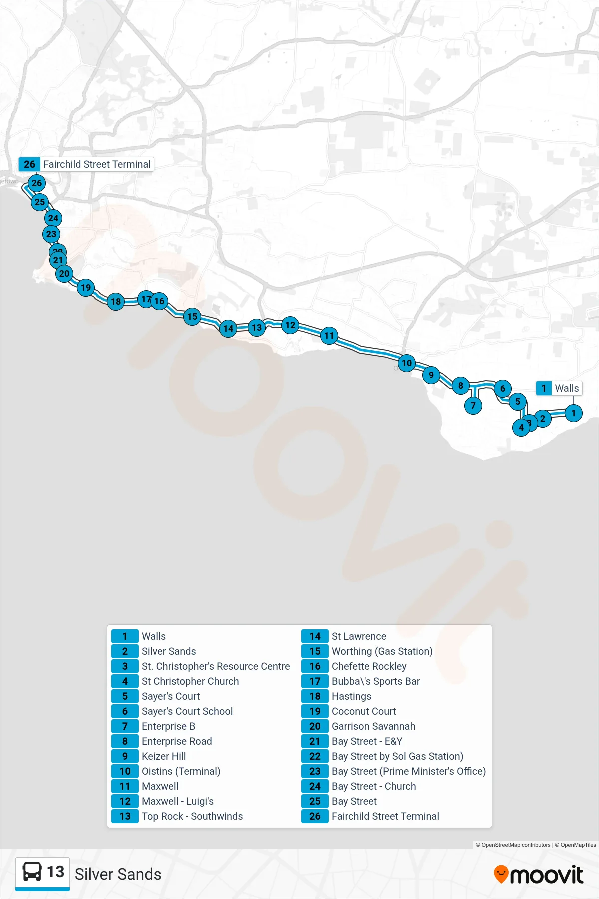 13 bus Line (Silver Sands To Fairchild Street Terminal) route and stops on a map