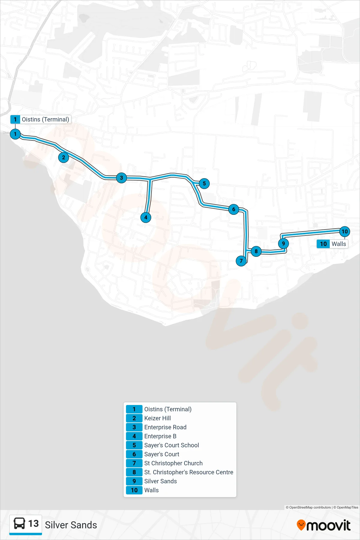 13 bus Line (Oistins To Silver Sands) route and stops on a map
