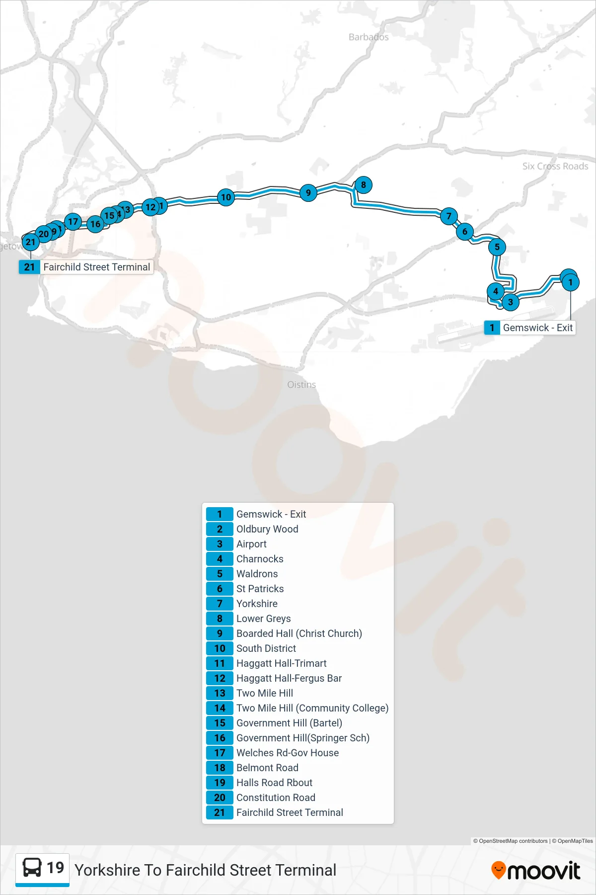 19 bus Line (Yorkshire To Fairchild Street Terminal) route and stops on a map