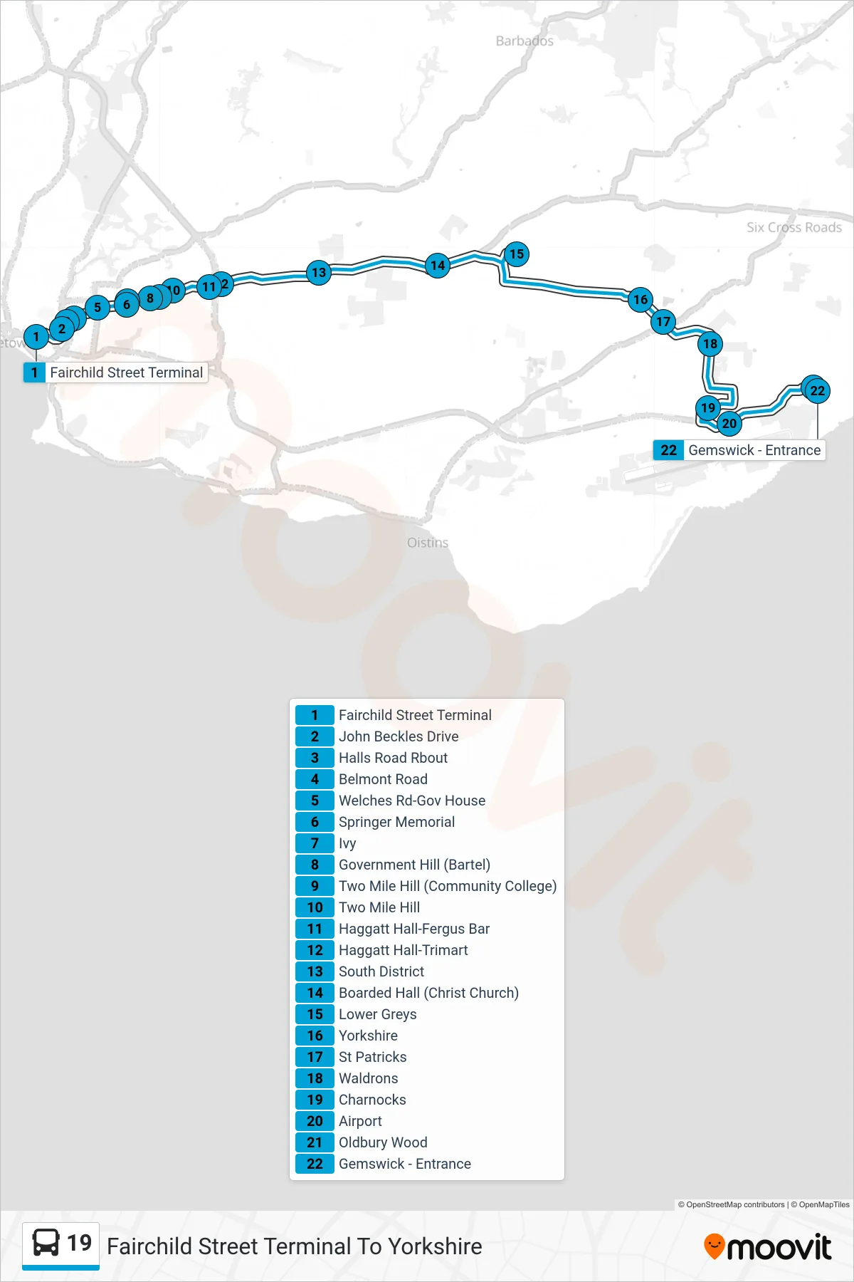 19 bus Line (Fairchild Street Terminal To Yorkshire) route and stops on a map