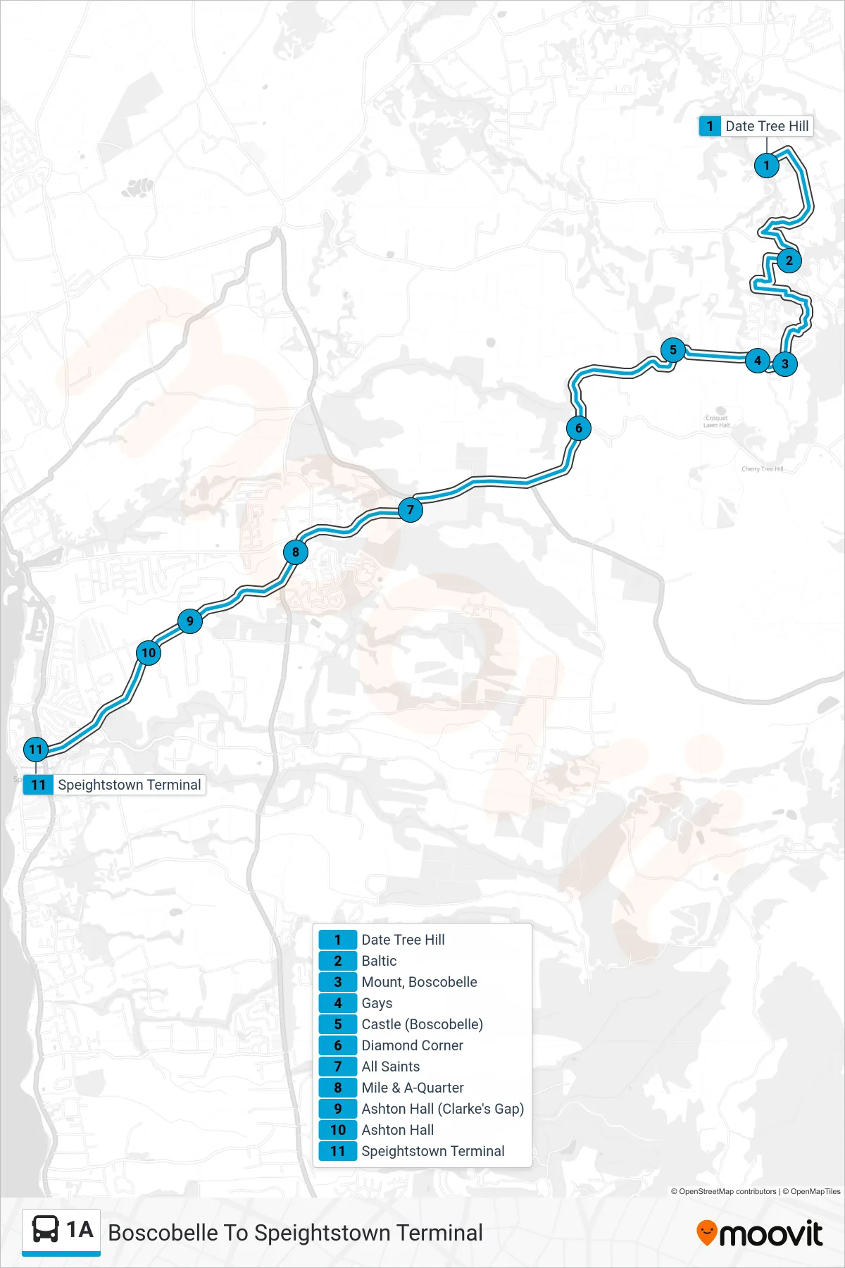 1A bus Line (Boscobelle To Speightstown Terminal) route and stops on a map