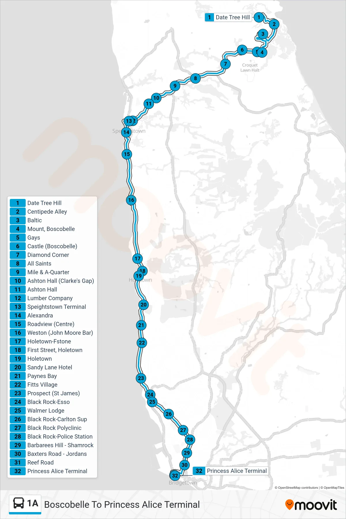 1A bus Line (Boscobelle To Princess Alice Terminal) route and stops on a map
