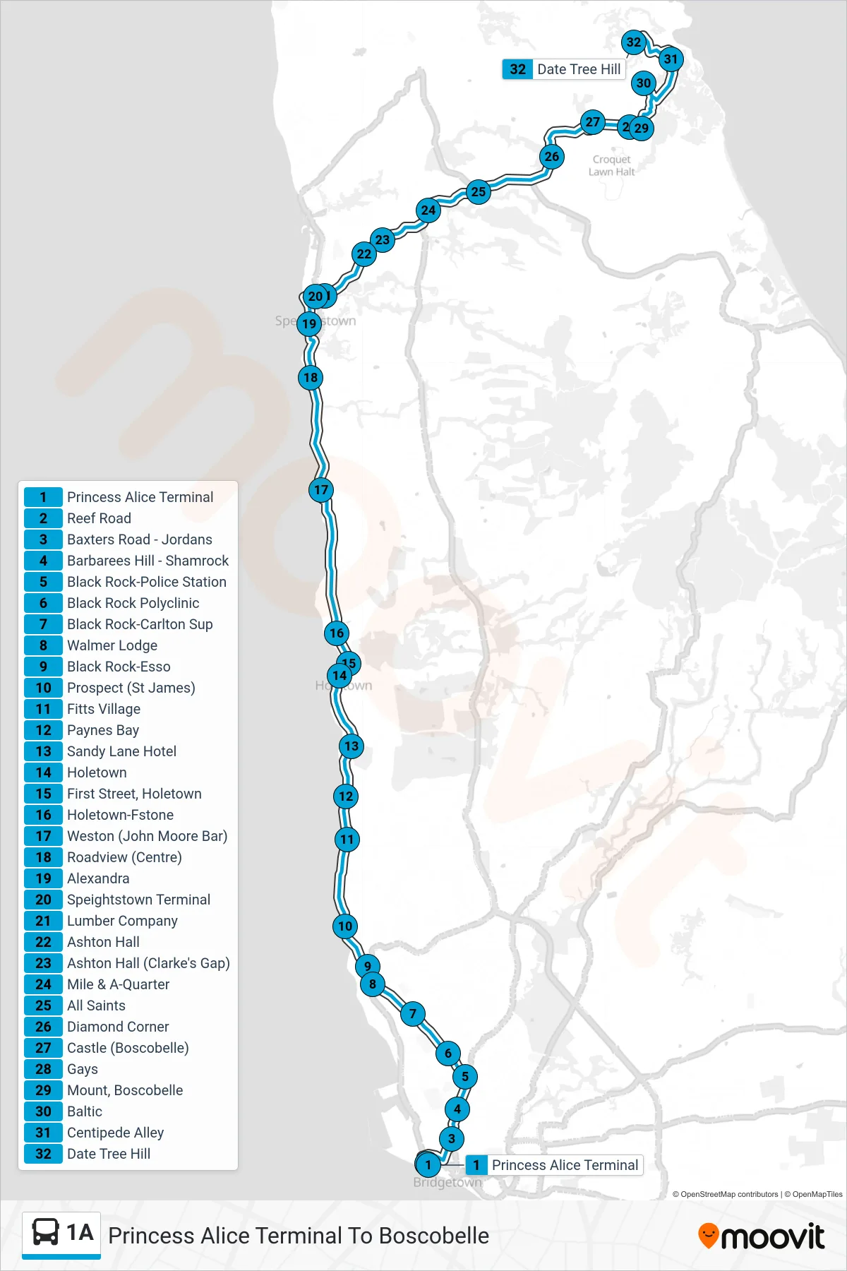 1A bus Line (Princess Alice Terminal To Boscobelle) route and stops on a map