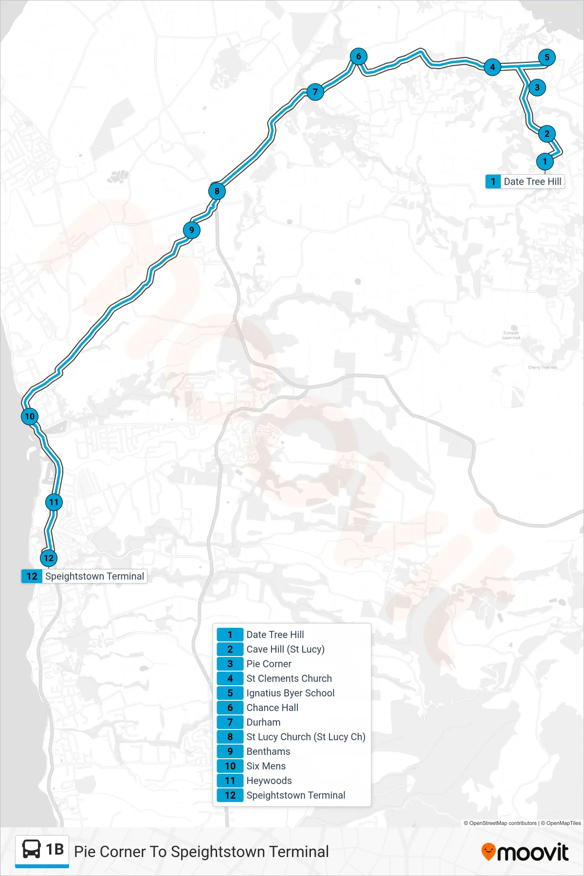 1B bus Line (Pie Corner To Speightstown Terminal) route and stops on a map