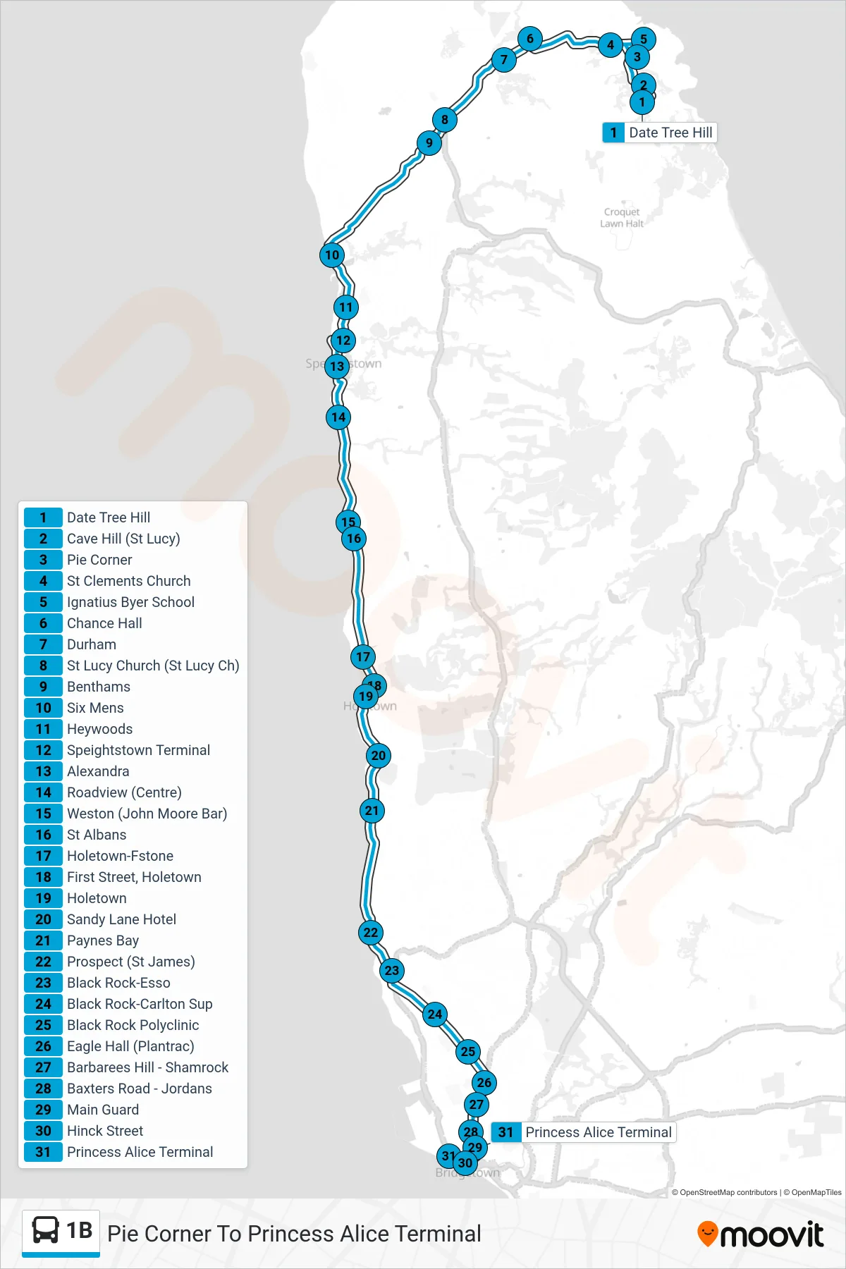 1B bus Line (Pie Corner To Princess Alice Terminal) route and stops on a map