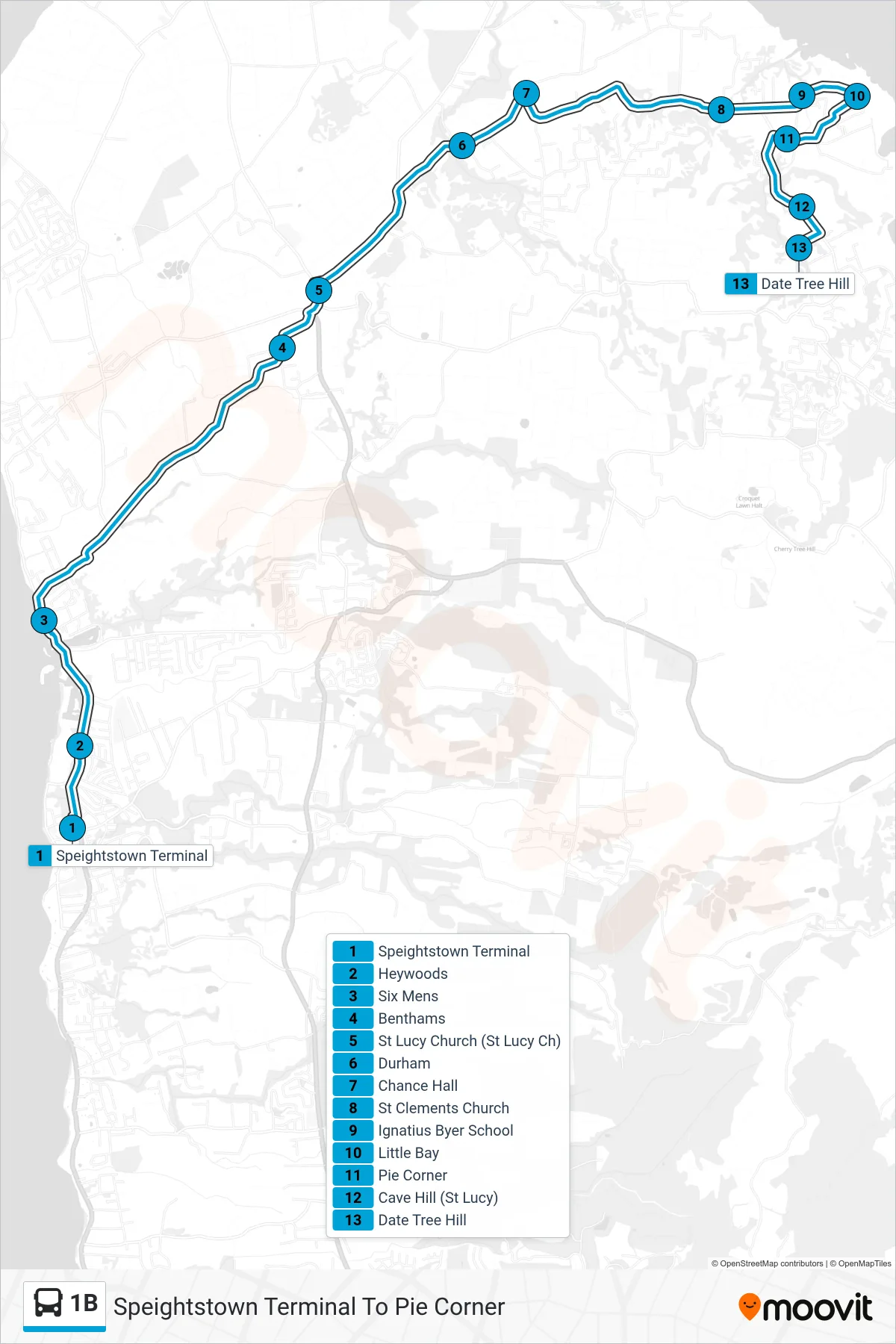 1B bus Line (Speightstown Terminal To Pie Corner) route and stops on a map