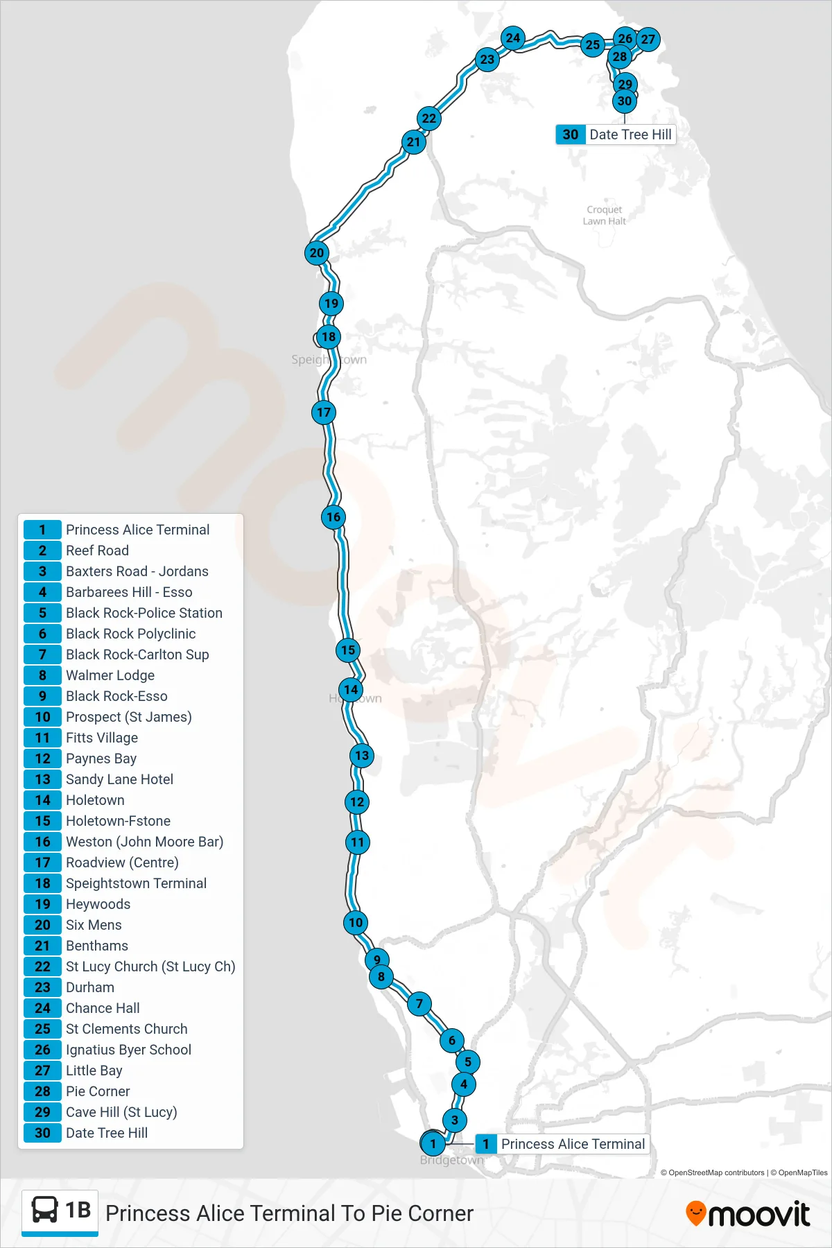 1B bus Line (Princess Alice Terminal To Pie Corner) route and stops on a map