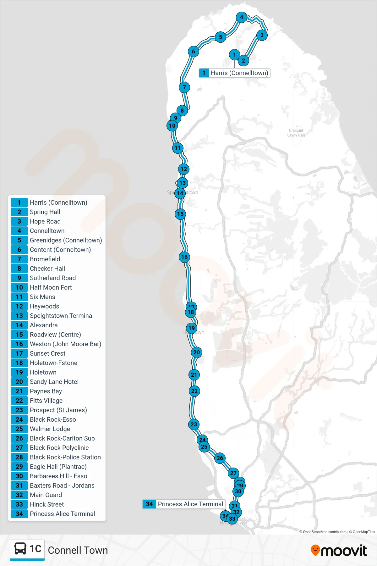 1C bus Line (Connell Town To Princess Alice Terminal) route and stops on a map
