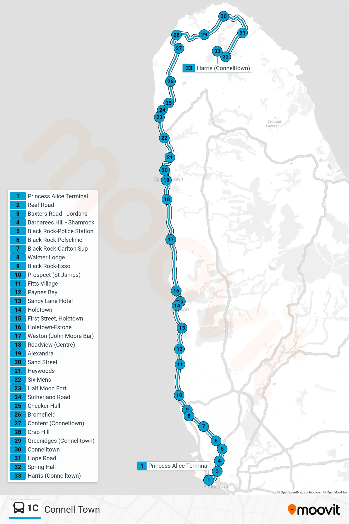 1C bus Line (Princess Alice Terminal To Connell Town) route and stops on a map