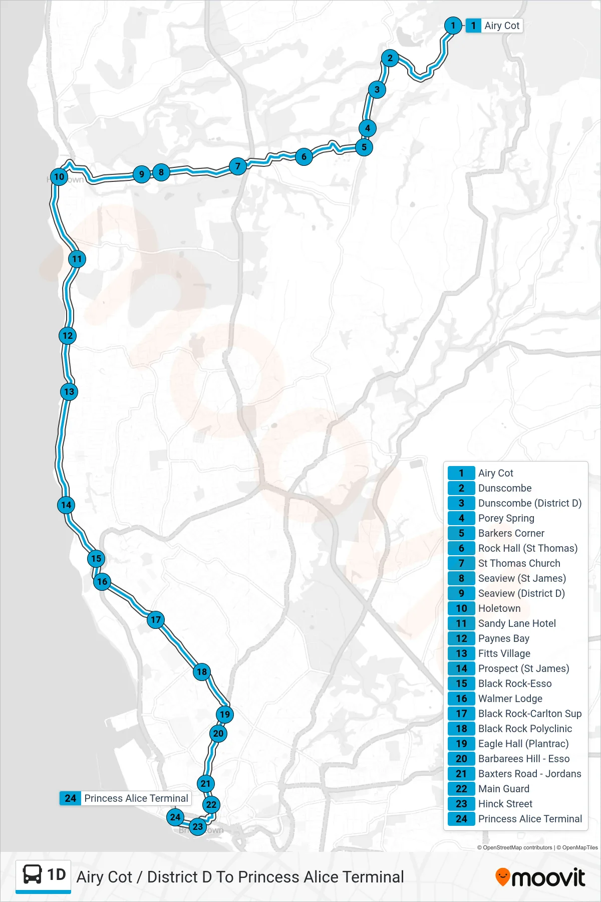 1D bus Line (Airy Cot / District D To Princess Alice Terminal) route and stops on a map