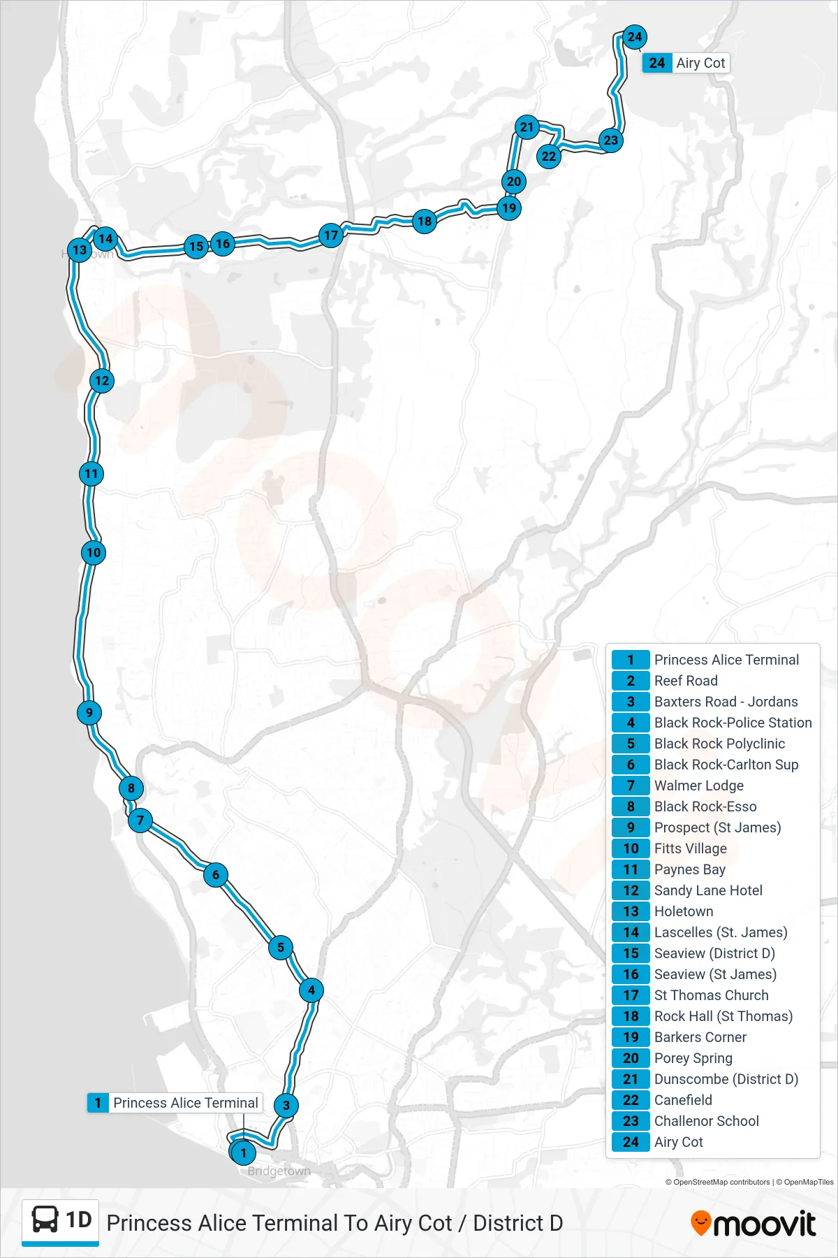 1D bus Line (Princess Alice Terminal To Airy Cot / District D) route and stops on a map
