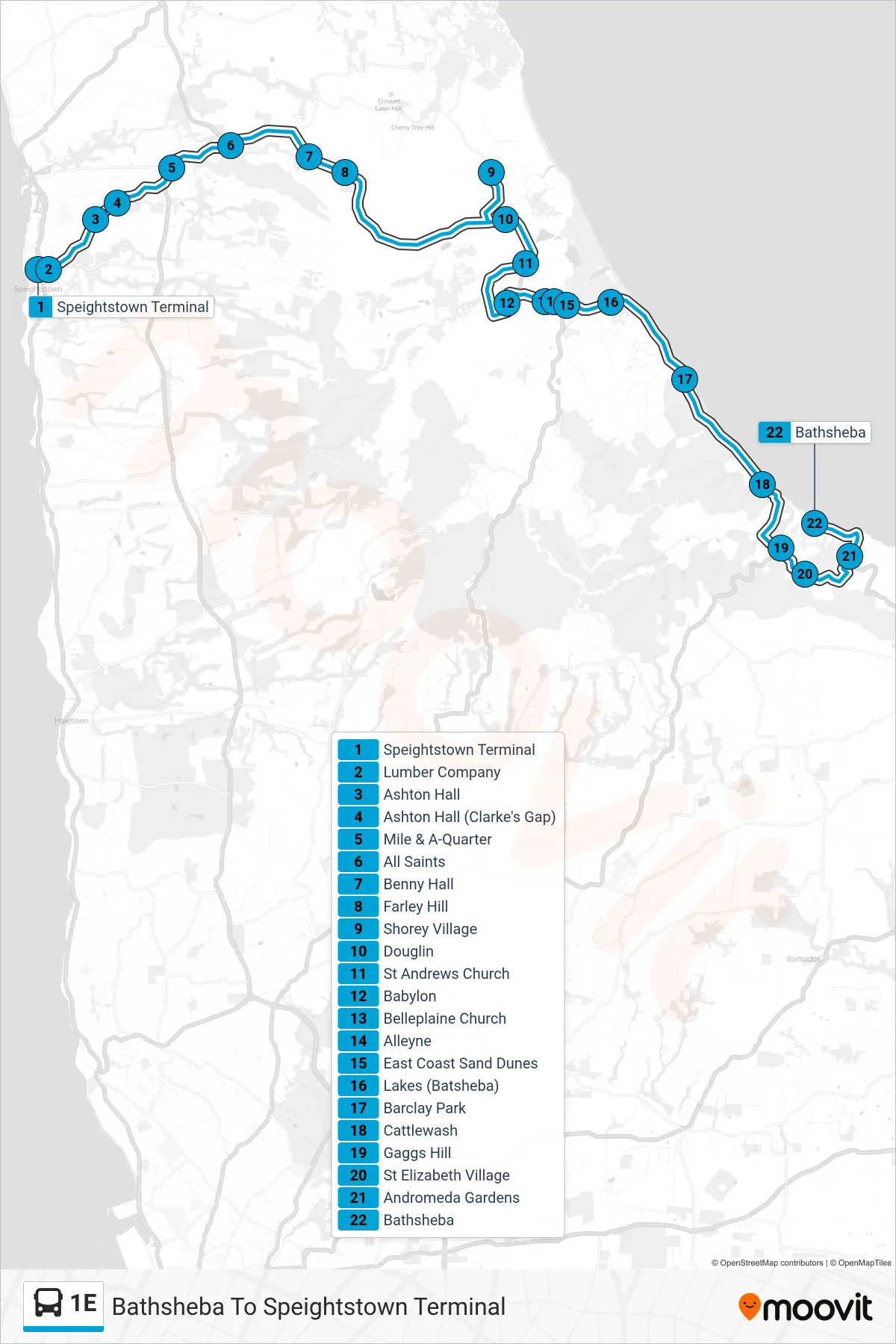 1E bus Line (Bathsheba To Speightstown Terminal) route and stops on a map