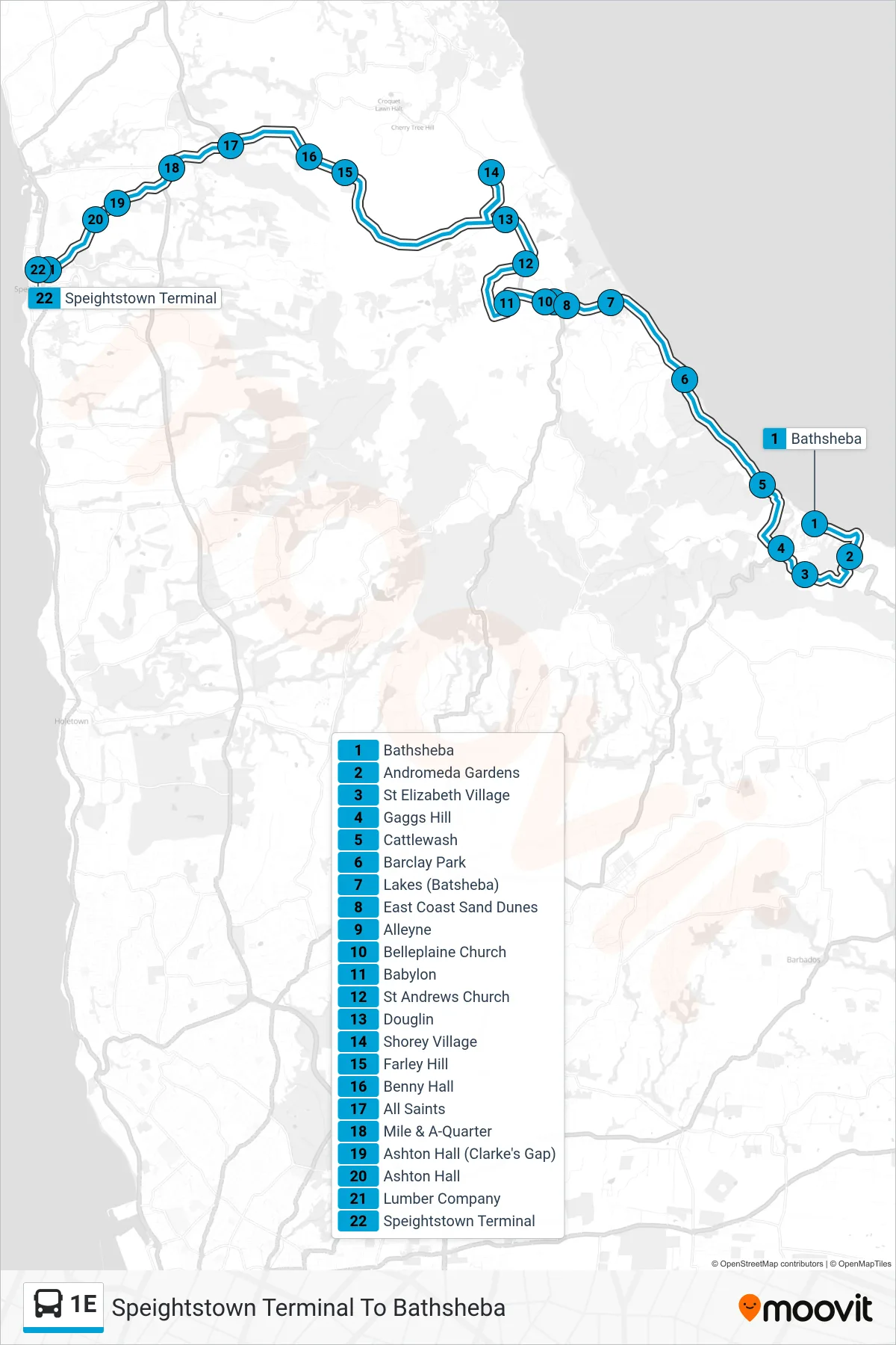 1E bus Line (Speightstown Terminal To Bathsheba) route and stops on a map