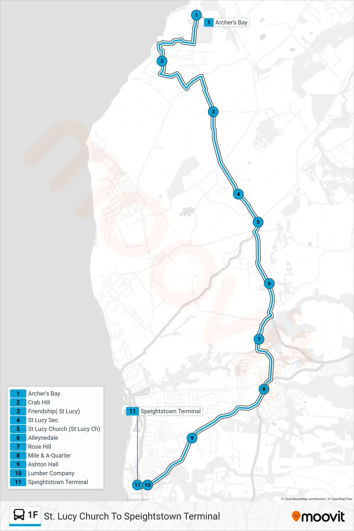 1F bus Line (St. Lucy Church To Speightstown Terminal) route and stops on a map