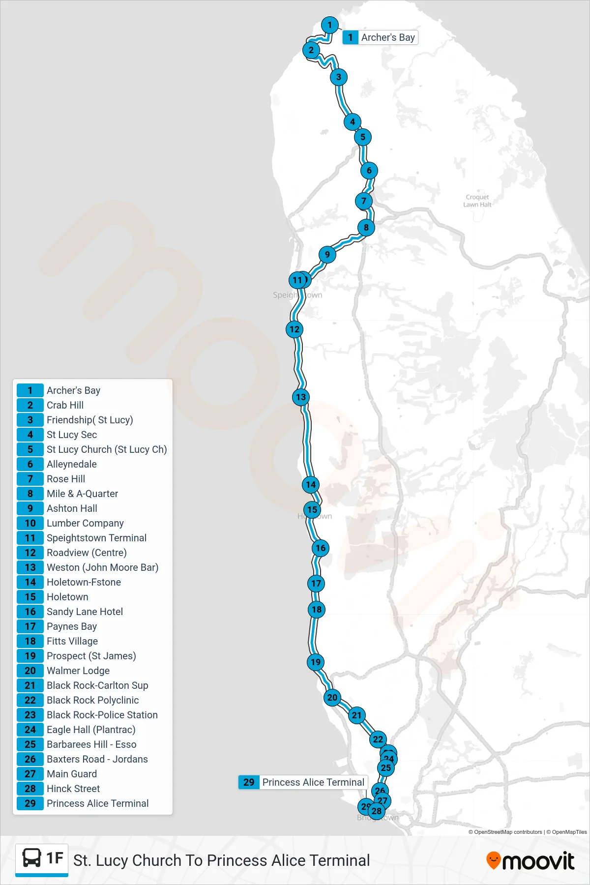 1F bus Line (St. Lucy Church To Princess Alice Terminal) route and stops on a map