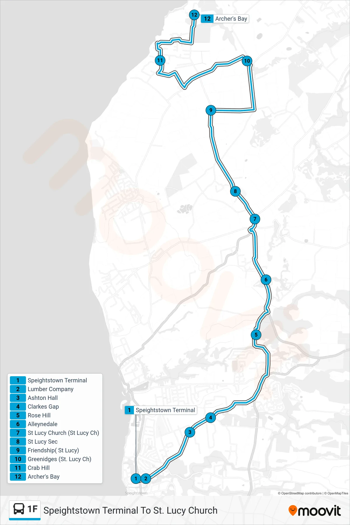 1F bus Line (Speightstown Terminal To St. Lucy Church) route and stops on a map