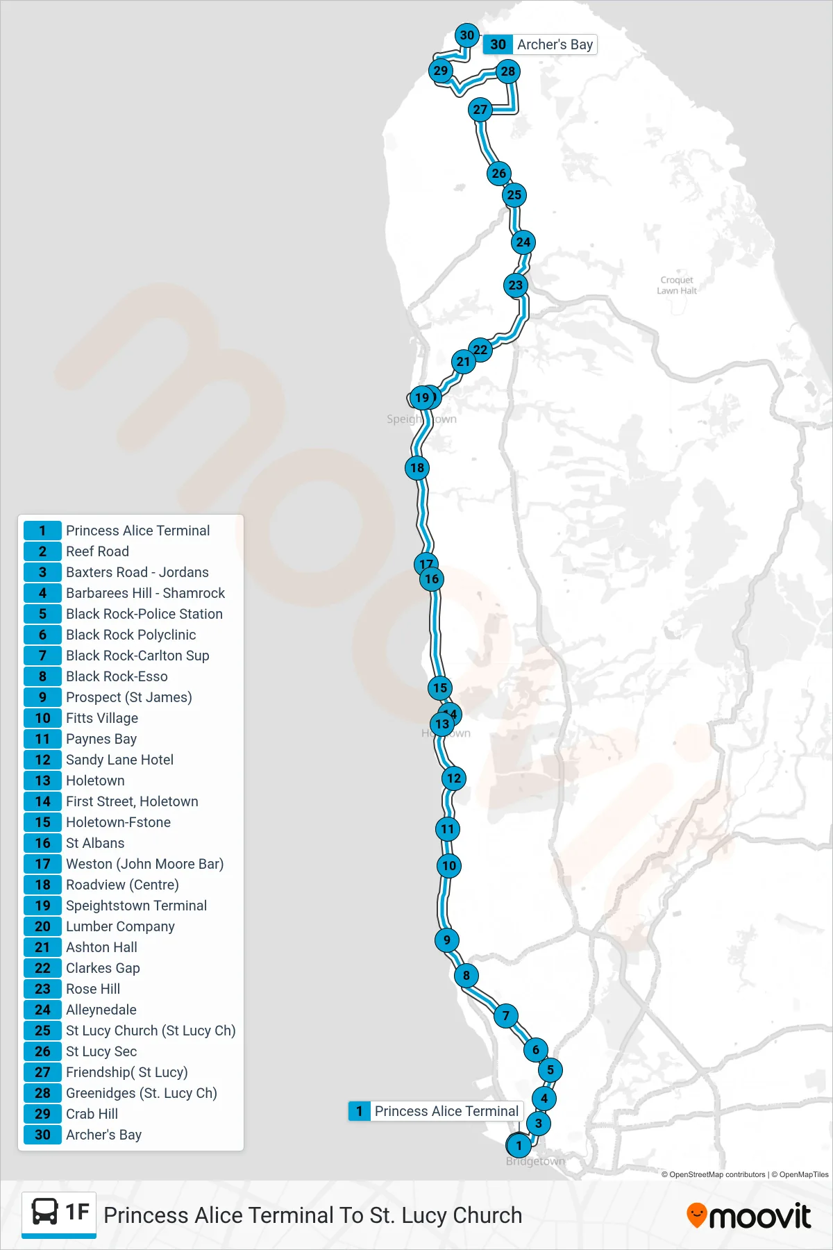 1F bus Line (Princess Alice Terminal To St. Lucy Church) route and stops on a map