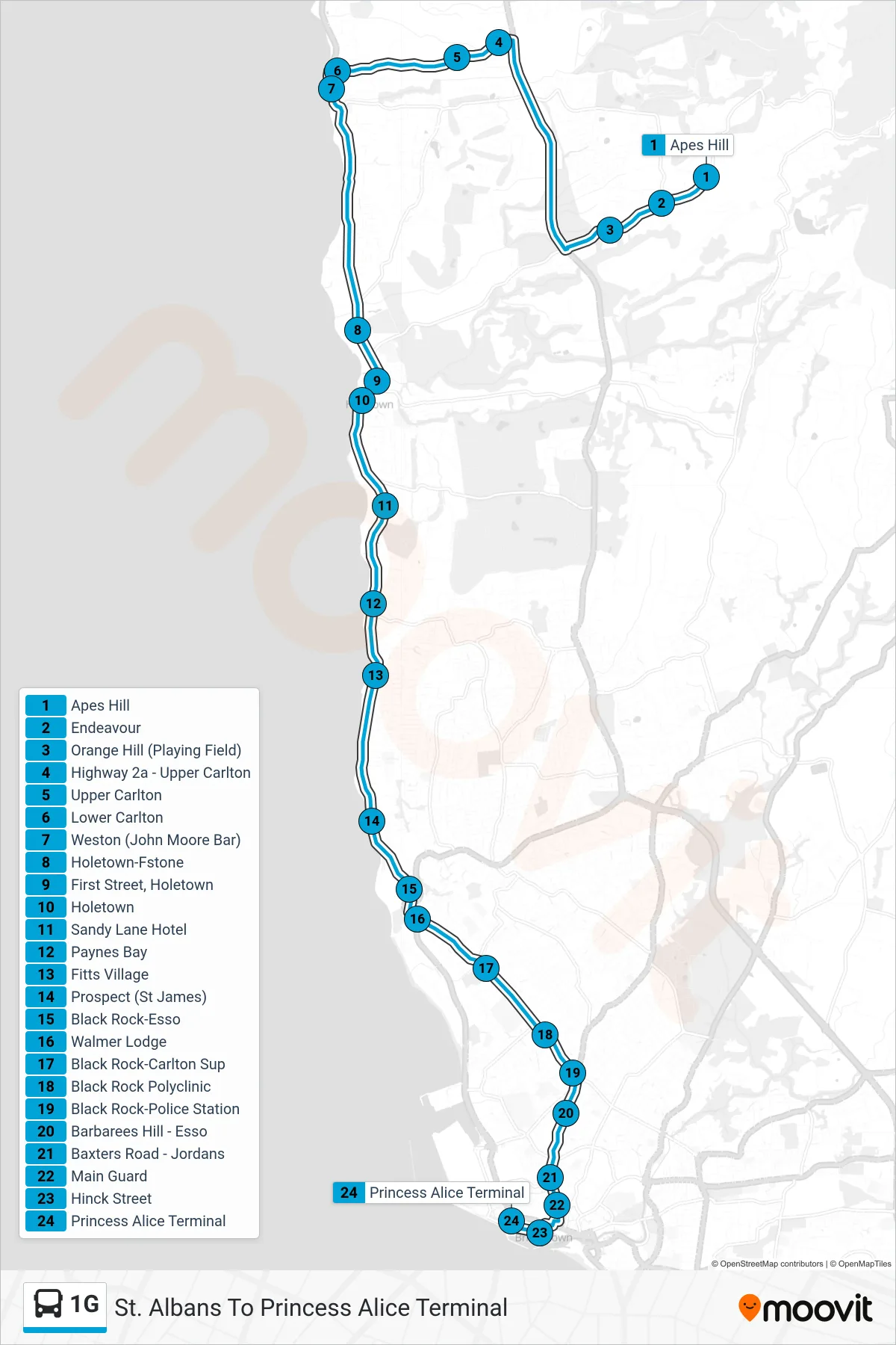 1G bus Line (St. Albans To Princess Alice Terminal) route and stops on a map