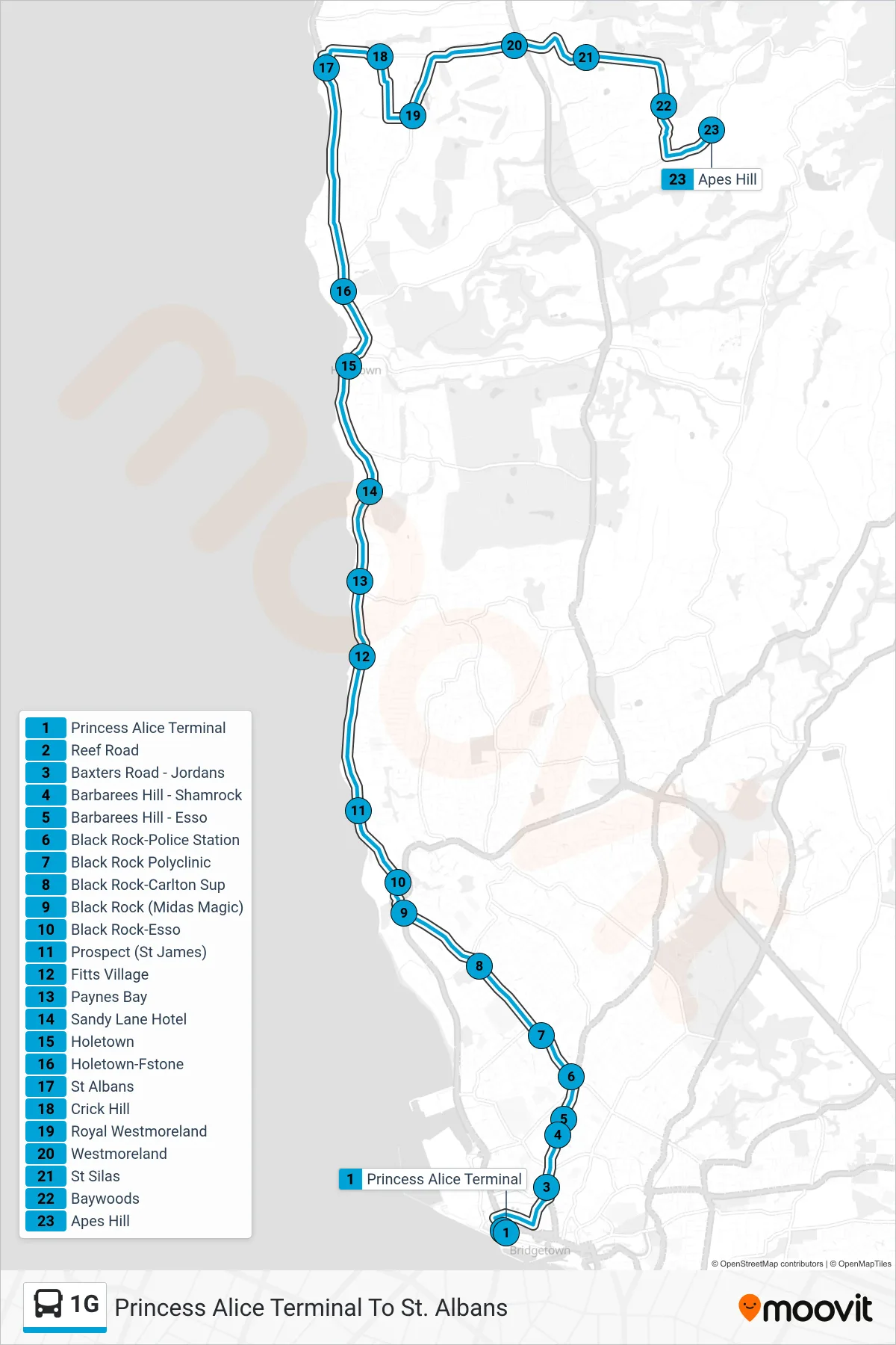 1G bus Line (Princess Alice Terminal To St. Albans) route and stops on a map