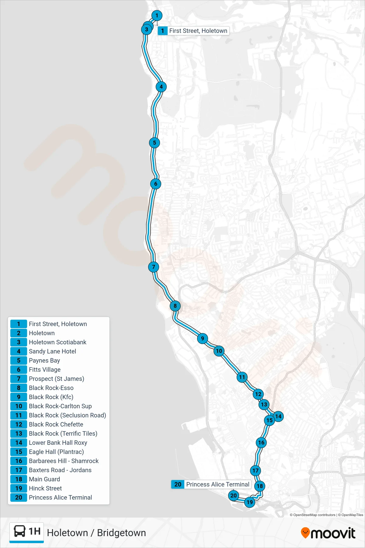 1H bus Line (Holetown To Princess Alice Terminal) route and stops on a map