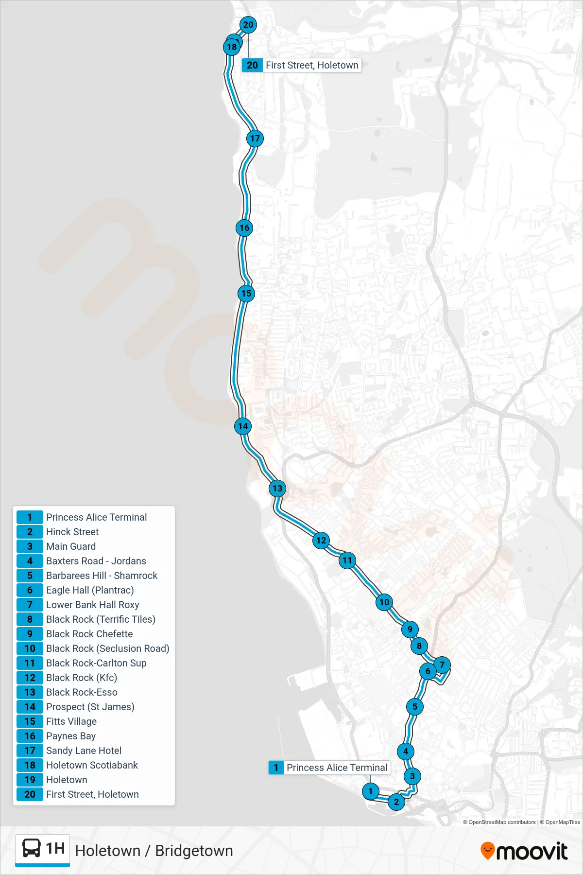 1H bus Line (Princess Alice Terminal To Holetown) route and stops on a map