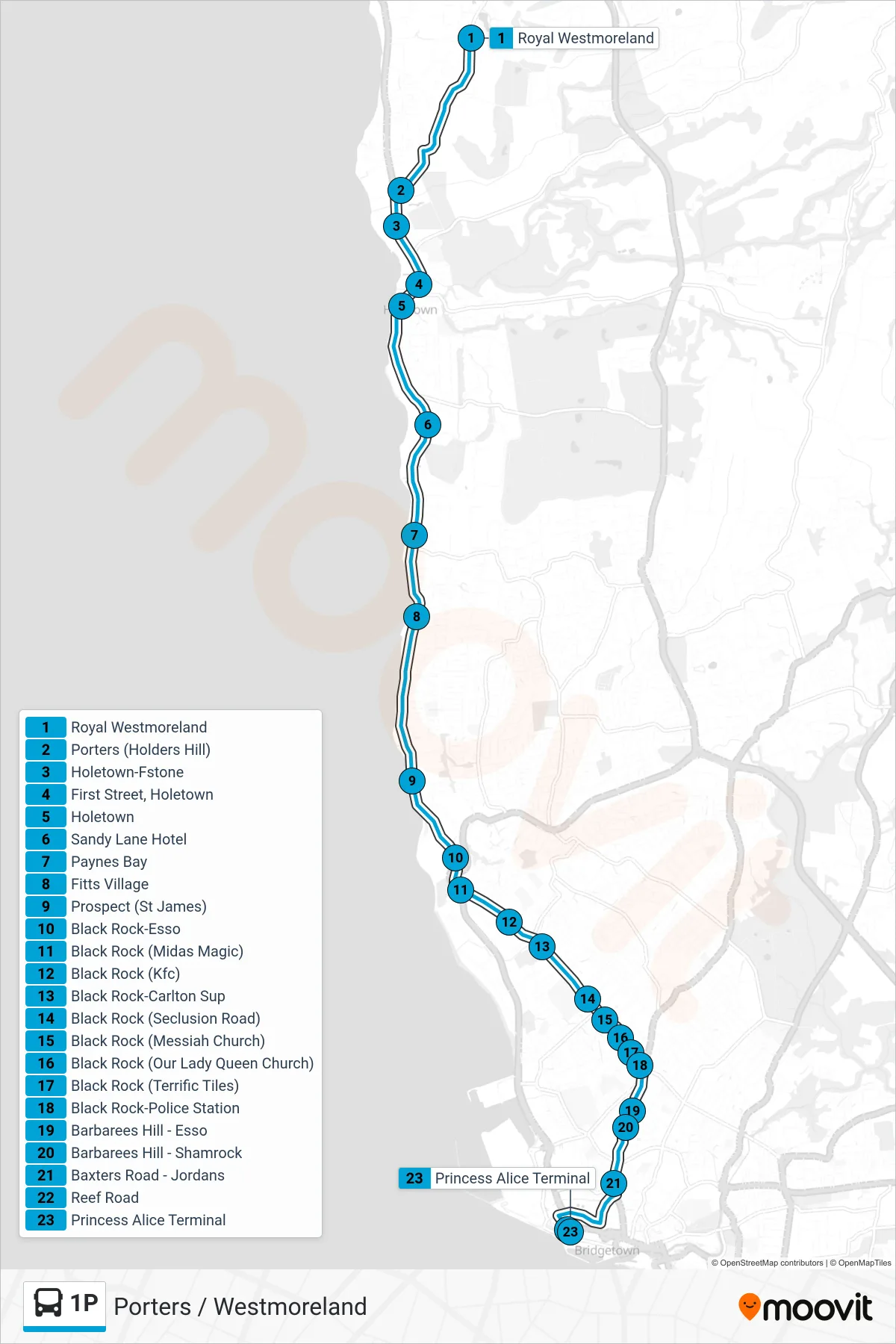 1P bus Line (Porters/Westmoreland To Princess Alice Terminal) route and stops on a map