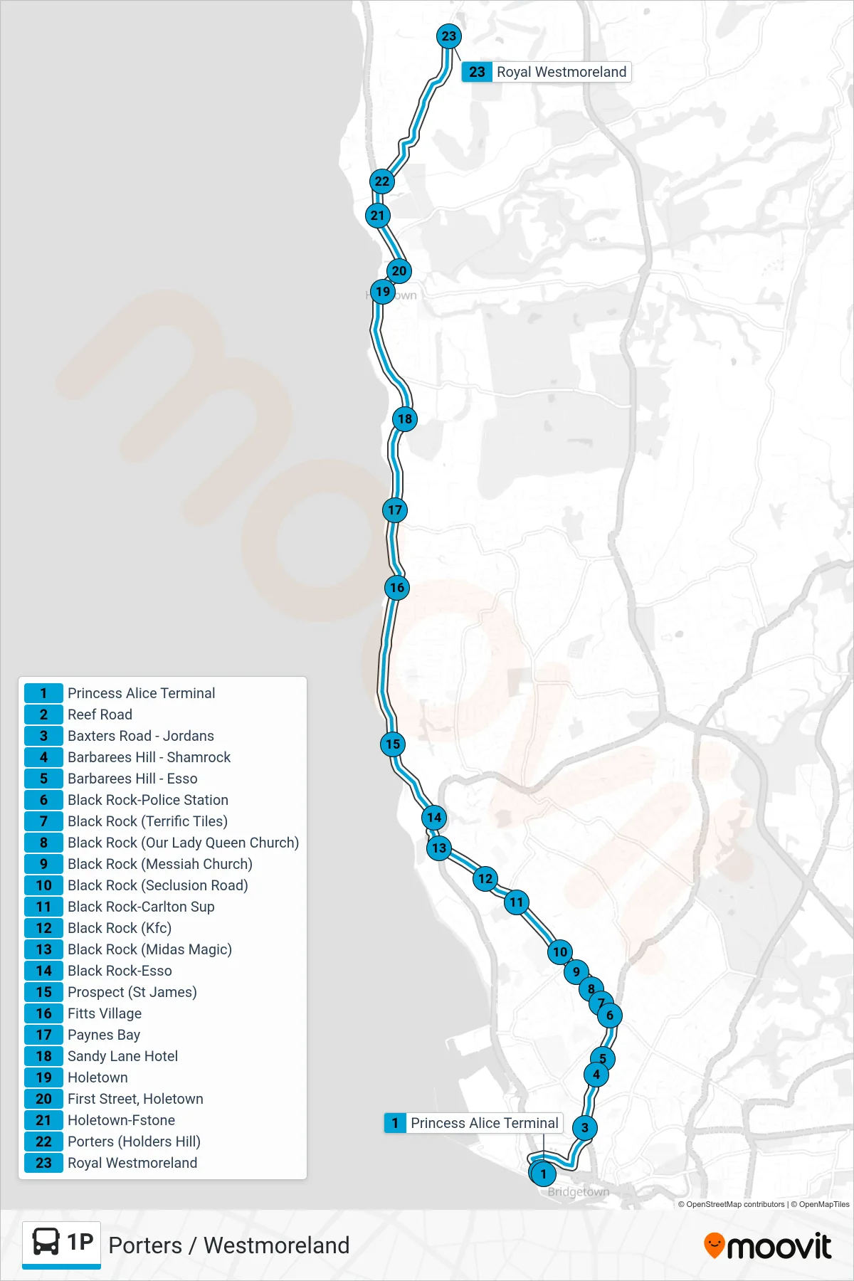 1P bus Line (Princess Alice Terminal To Porters/Westmoreland) route and stops on a map