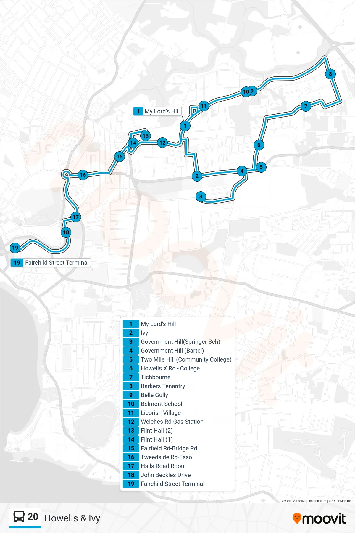 20 bus Line (Howells & Ivy To Fairchild Street Terminal) route and stops on a map
